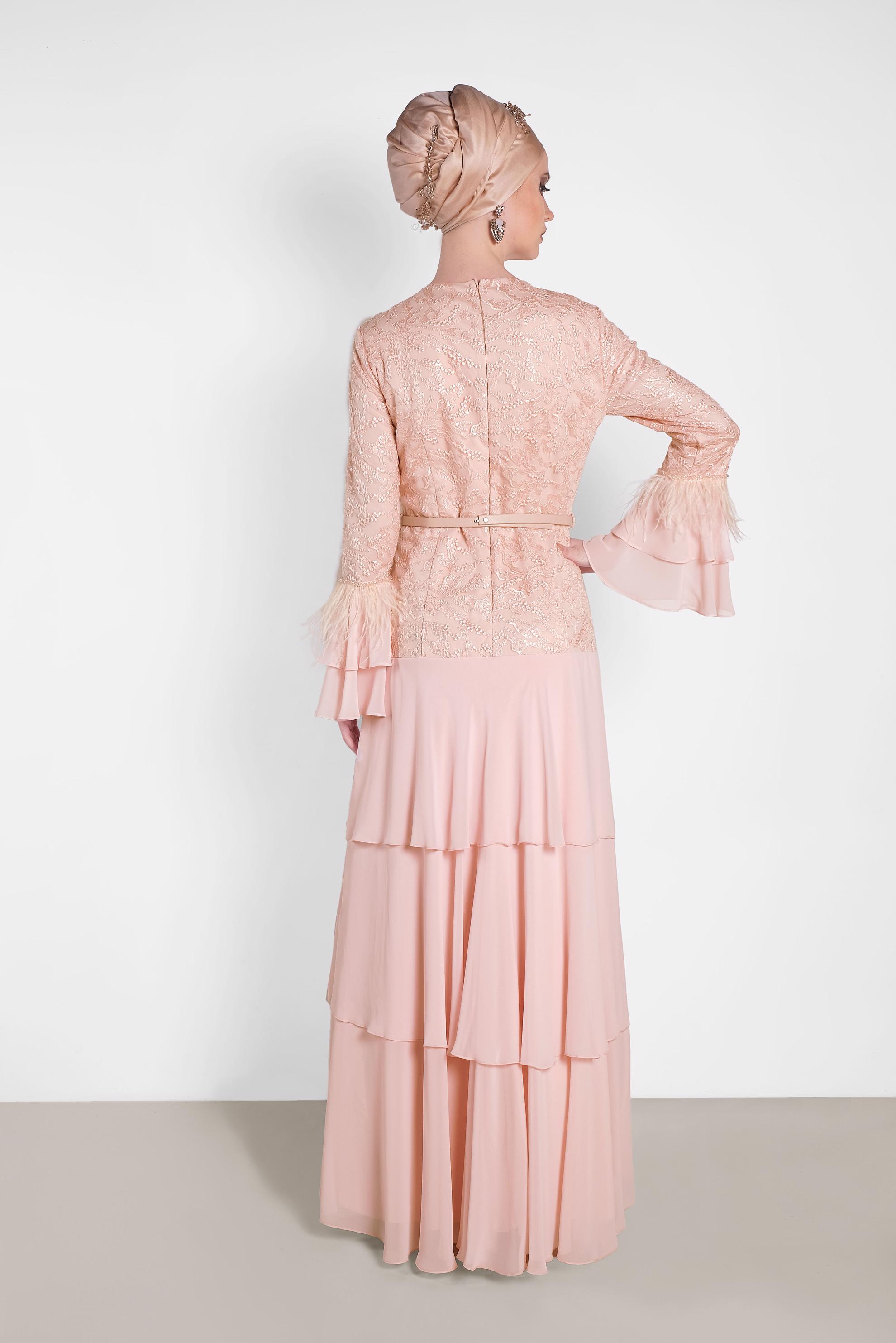 Tesettür giyim PUDRA FIRFIRLI İŞLEMELİ ABİYE ELBİSE 5604