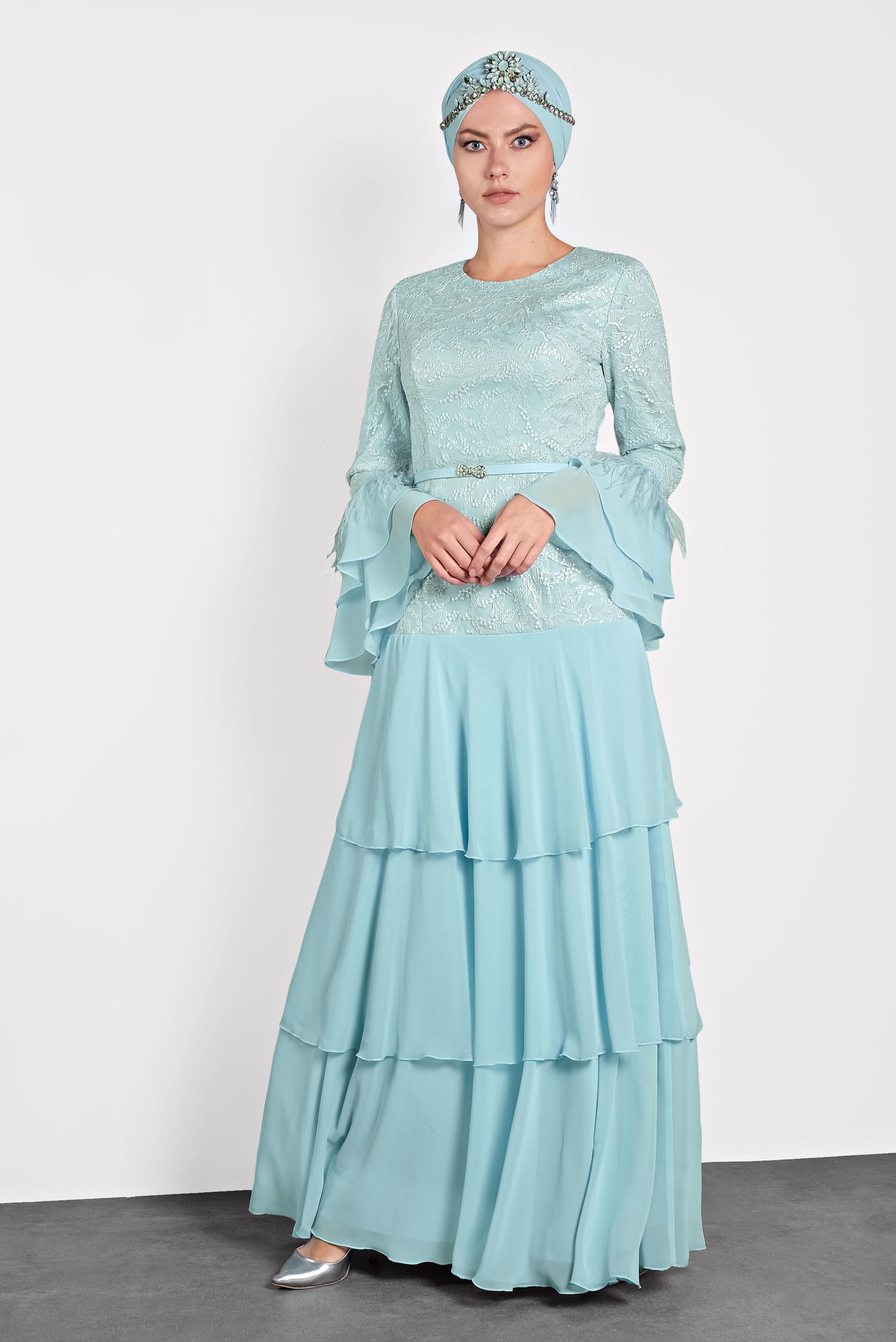 Tesettür giyim MAVİ FIRFIRLI İŞLEMELİ ABİYE ELBİSE 5604