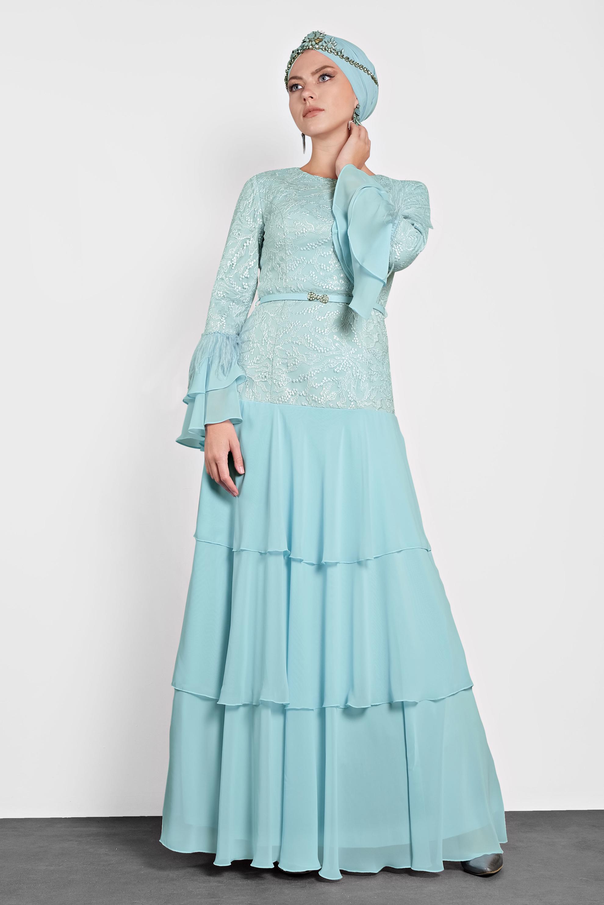 Tesettür giyim MAVİ FIRFIRLI İŞLEMELİ ABİYE ELBİSE 5604