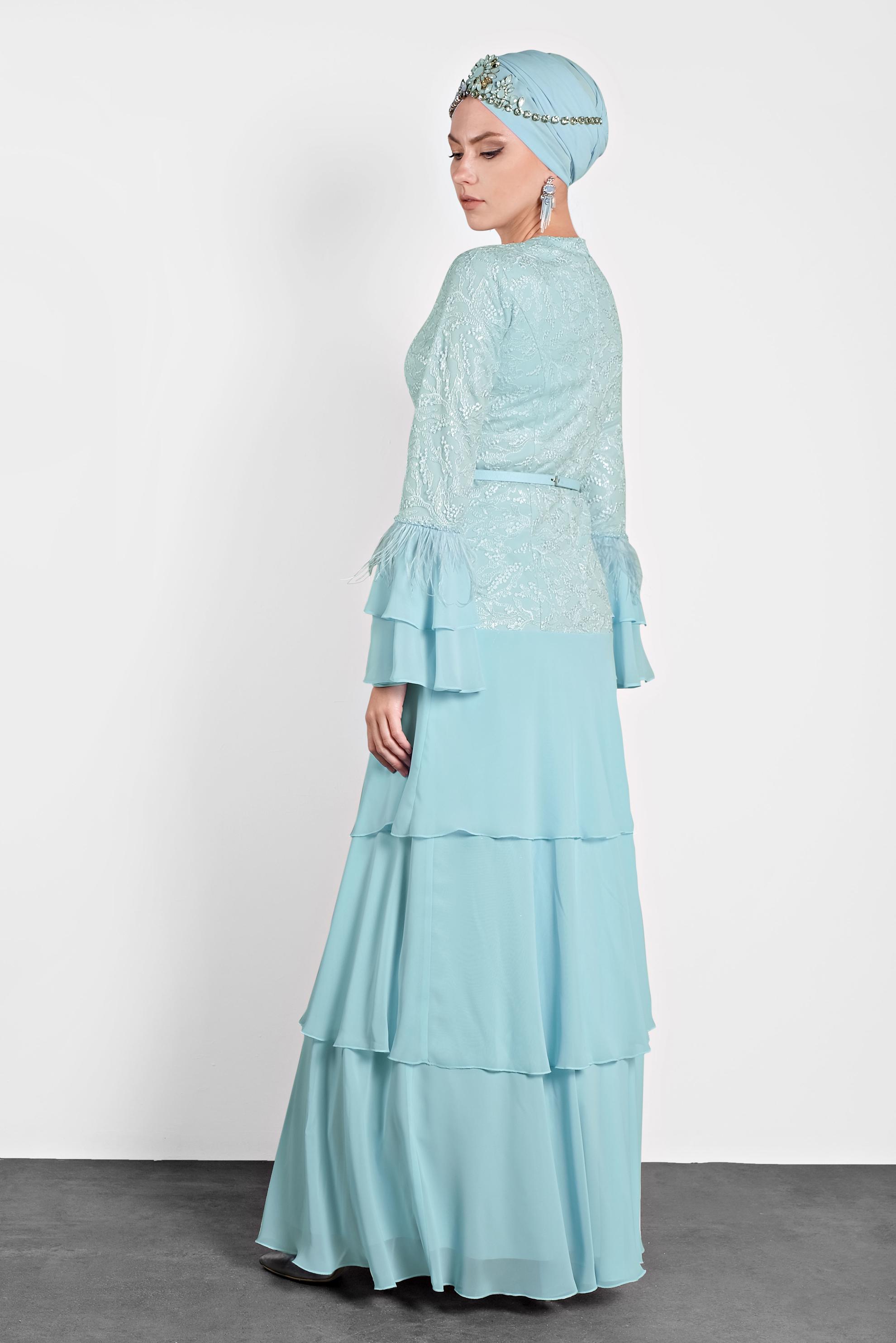 Tesettür giyim MAVİ FIRFIRLI İŞLEMELİ ABİYE ELBİSE 5604