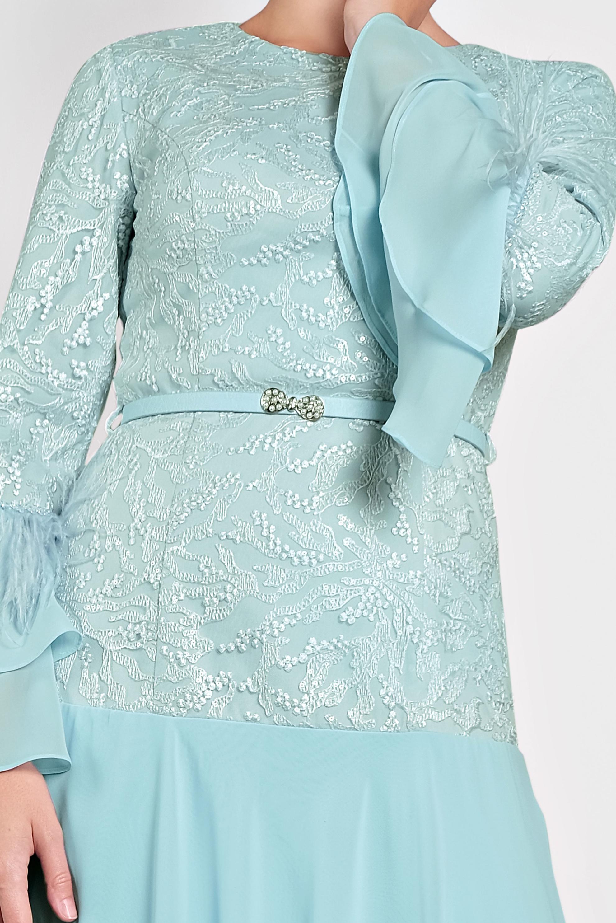 Tesettür giyim MAVİ FIRFIRLI İŞLEMELİ ABİYE ELBİSE 5604