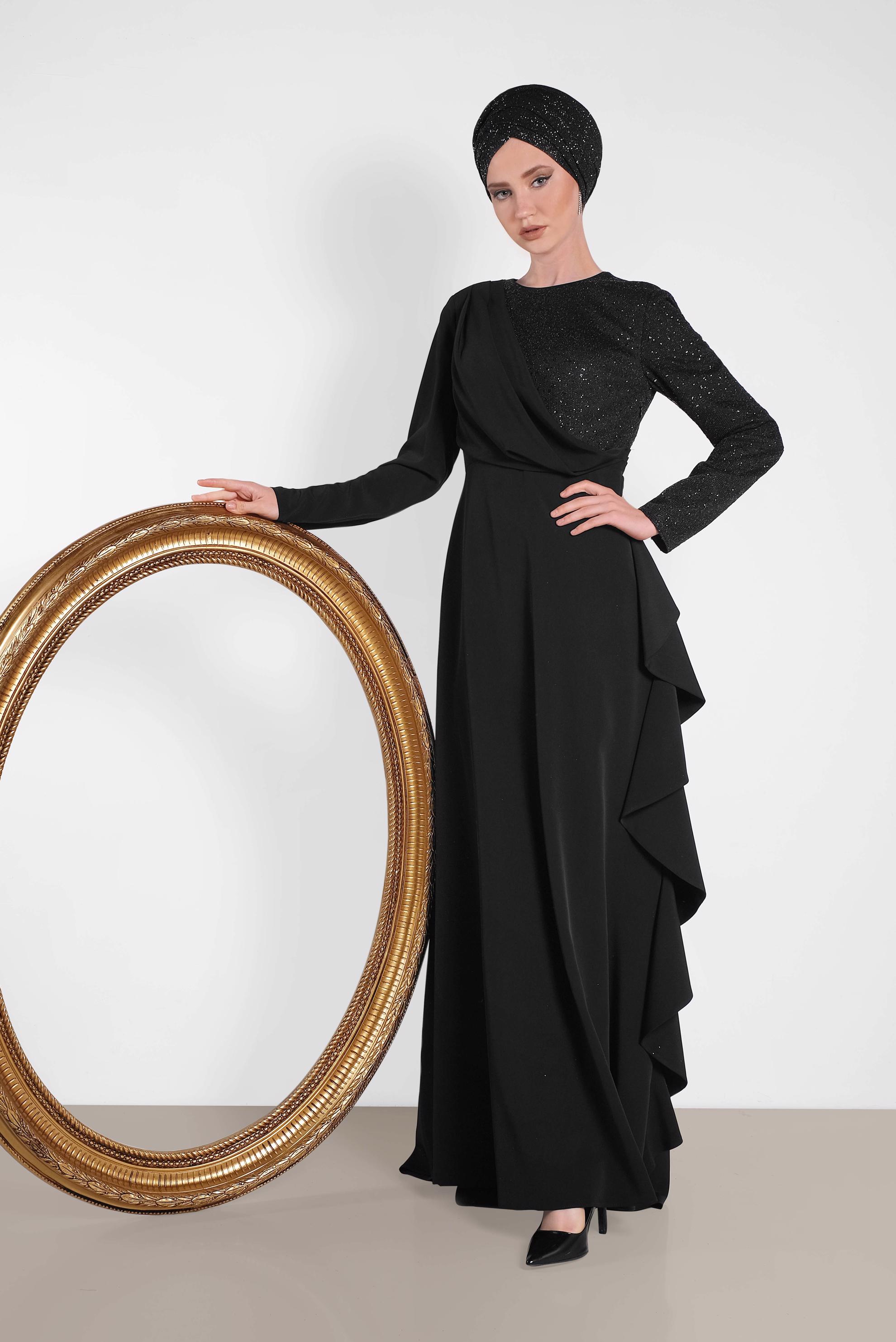 Tesettür giyim SİYAH SİMLİ FIRFIRLI ABİYE ELBİSE 5612