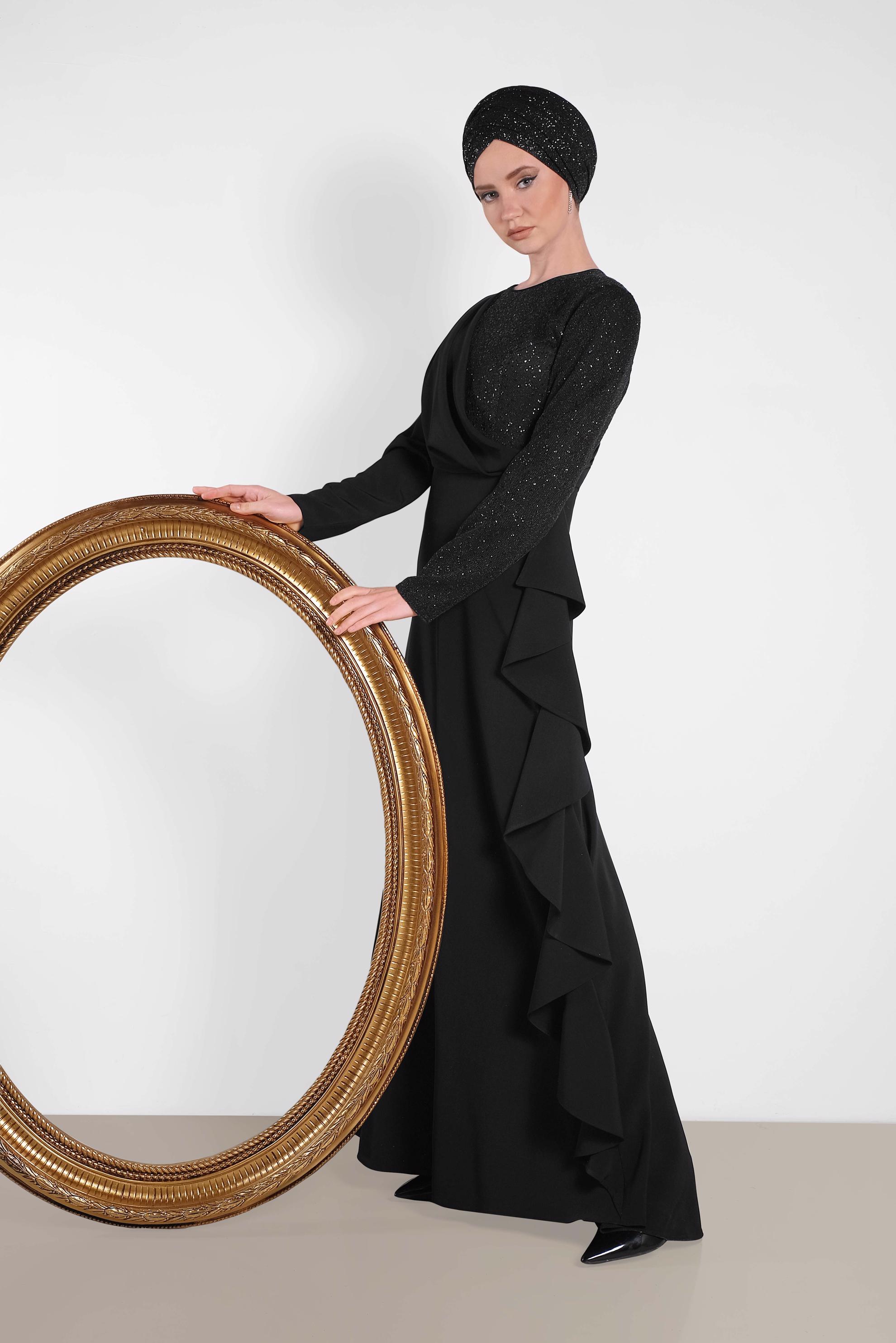 Tesettür giyim SİYAH SİMLİ FIRFIRLI ABİYE ELBİSE 5612