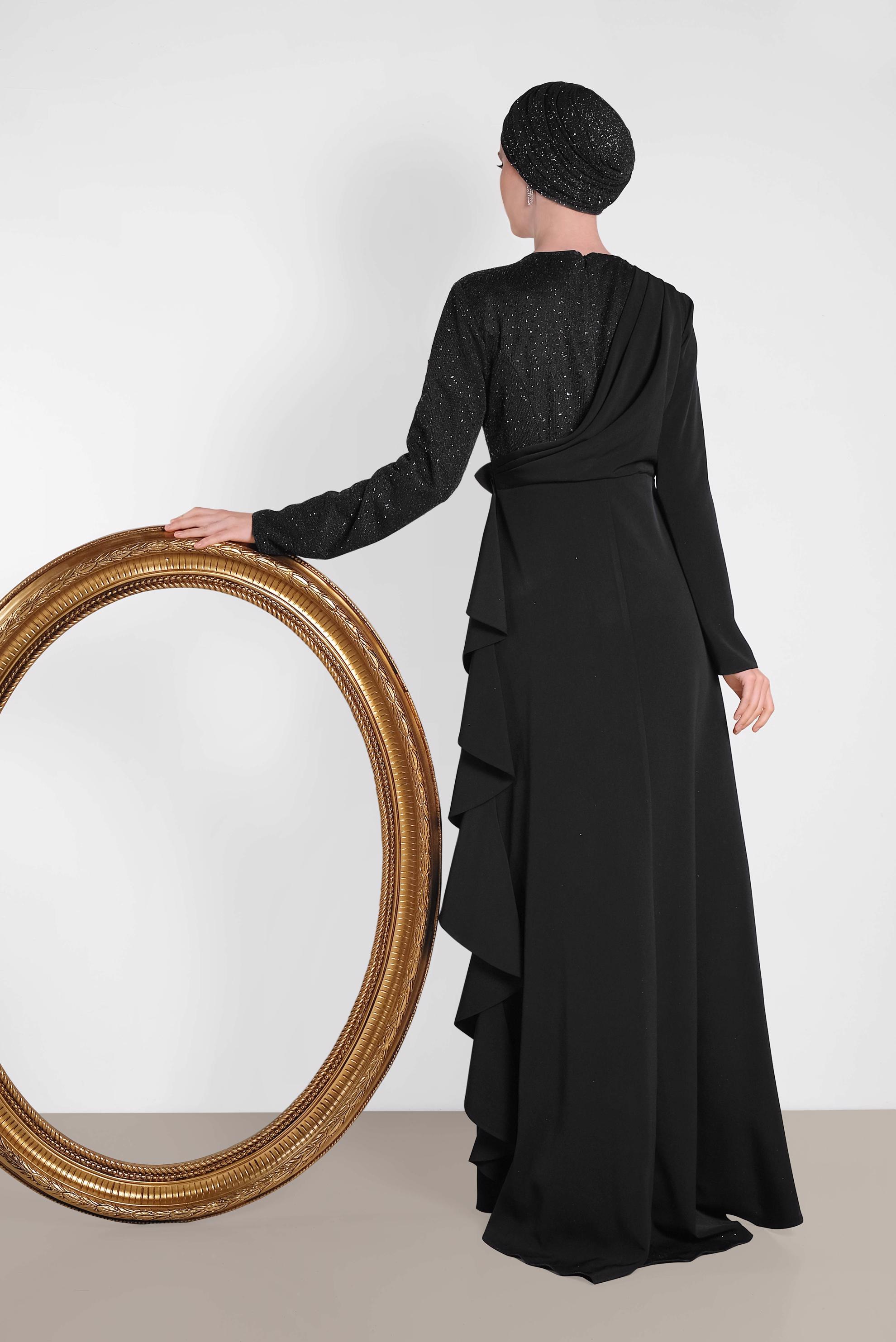 Tesettür giyim SİYAH SİMLİ FIRFIRLI ABİYE ELBİSE 5612