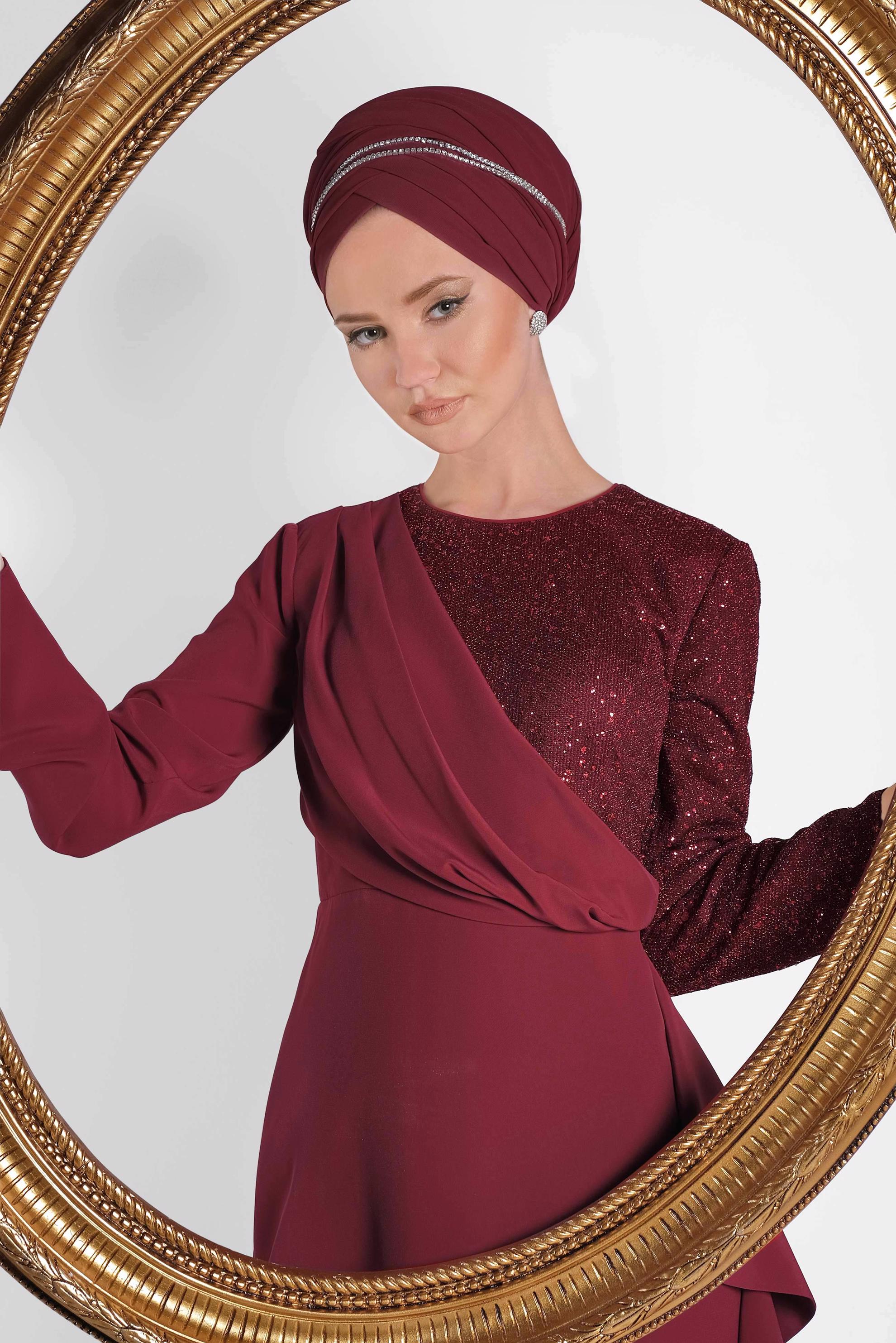 Tesettür giyim BORDO SİMLİ FIRFIRLI ABİYE ELBİSE 5612