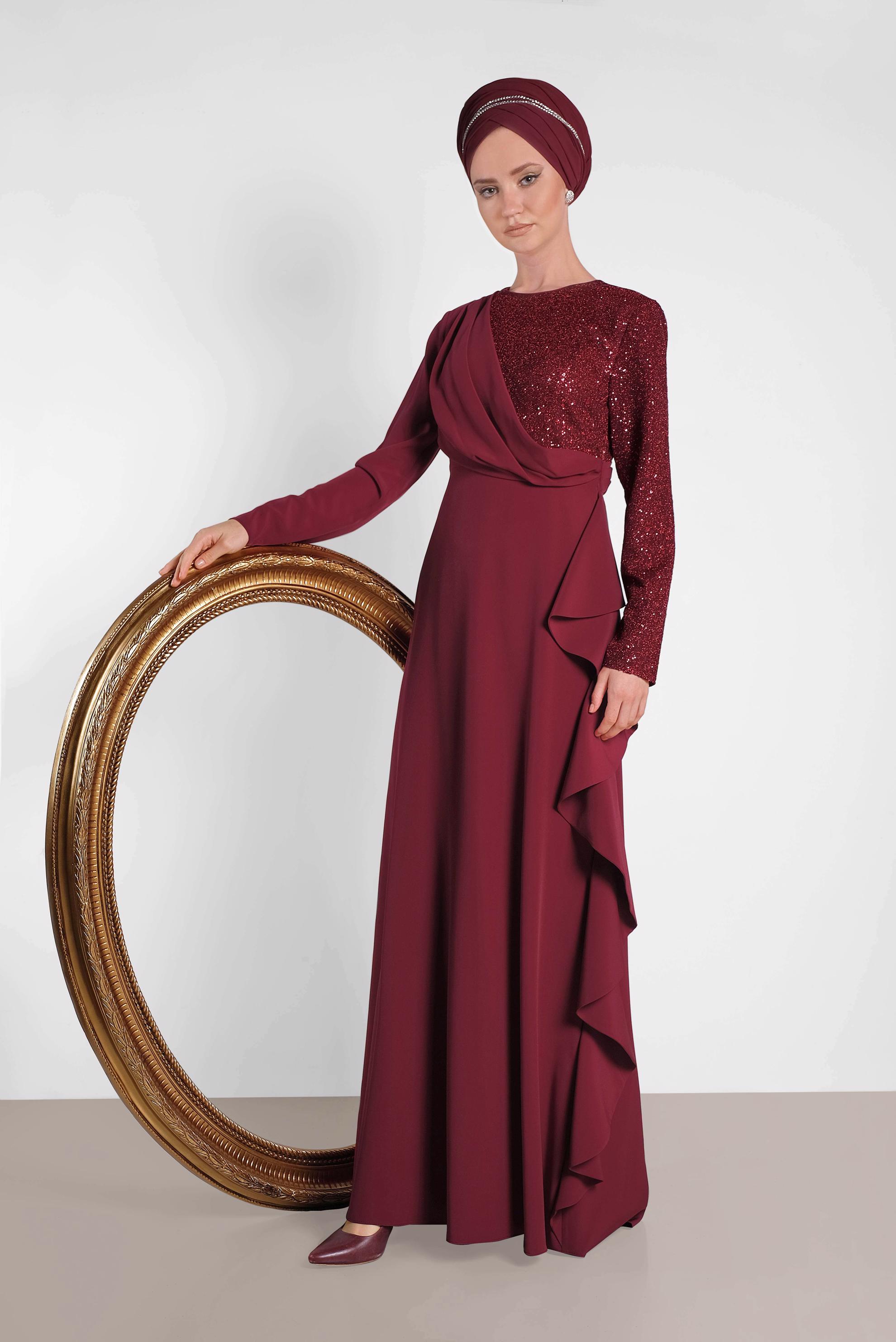 Tesettür giyim BORDO SİMLİ FIRFIRLI ABİYE ELBİSE 5612