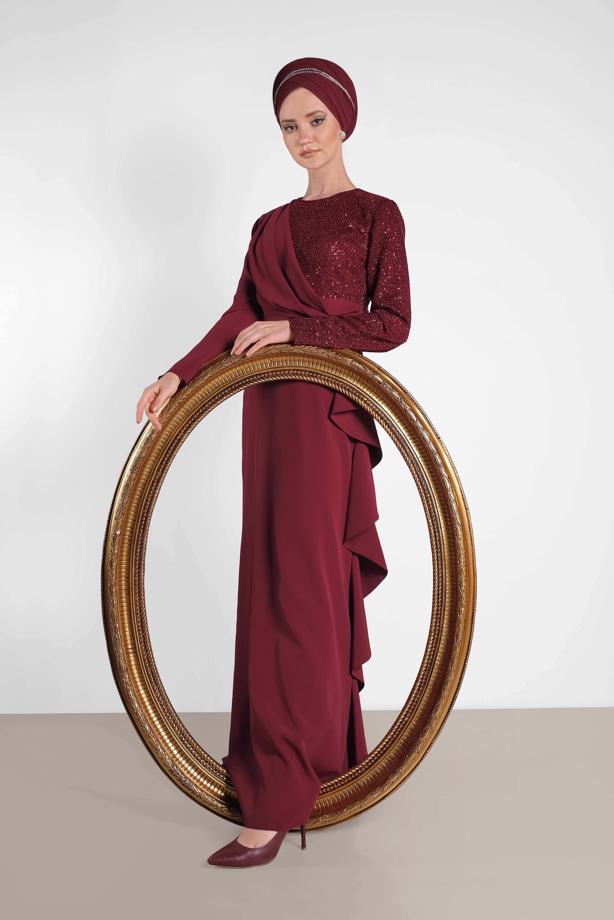 Tesettür giyim BORDO SİMLİ FIRFIRLI ABİYE ELBİSE 5612