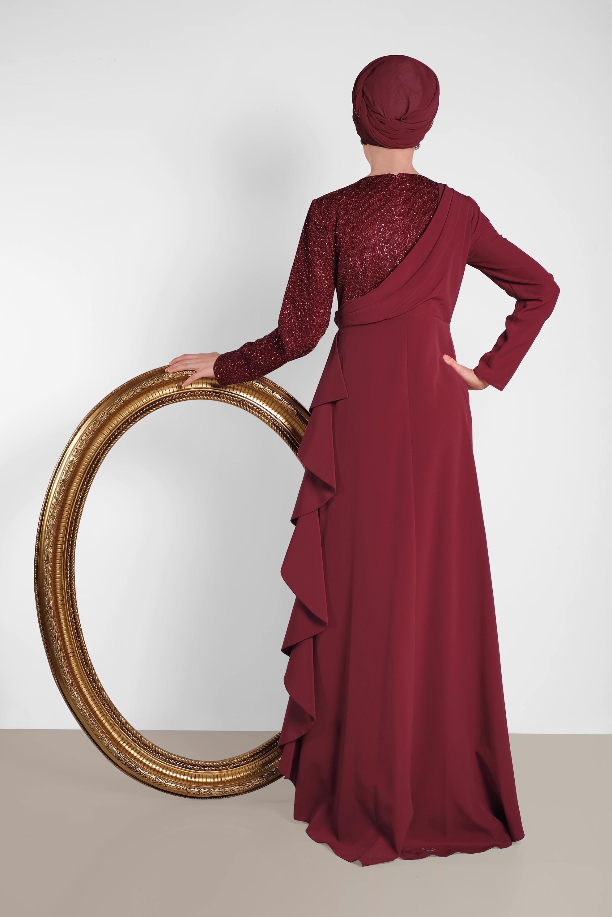 Tesettür giyim BORDO SİMLİ FIRFIRLI ABİYE ELBİSE 5612