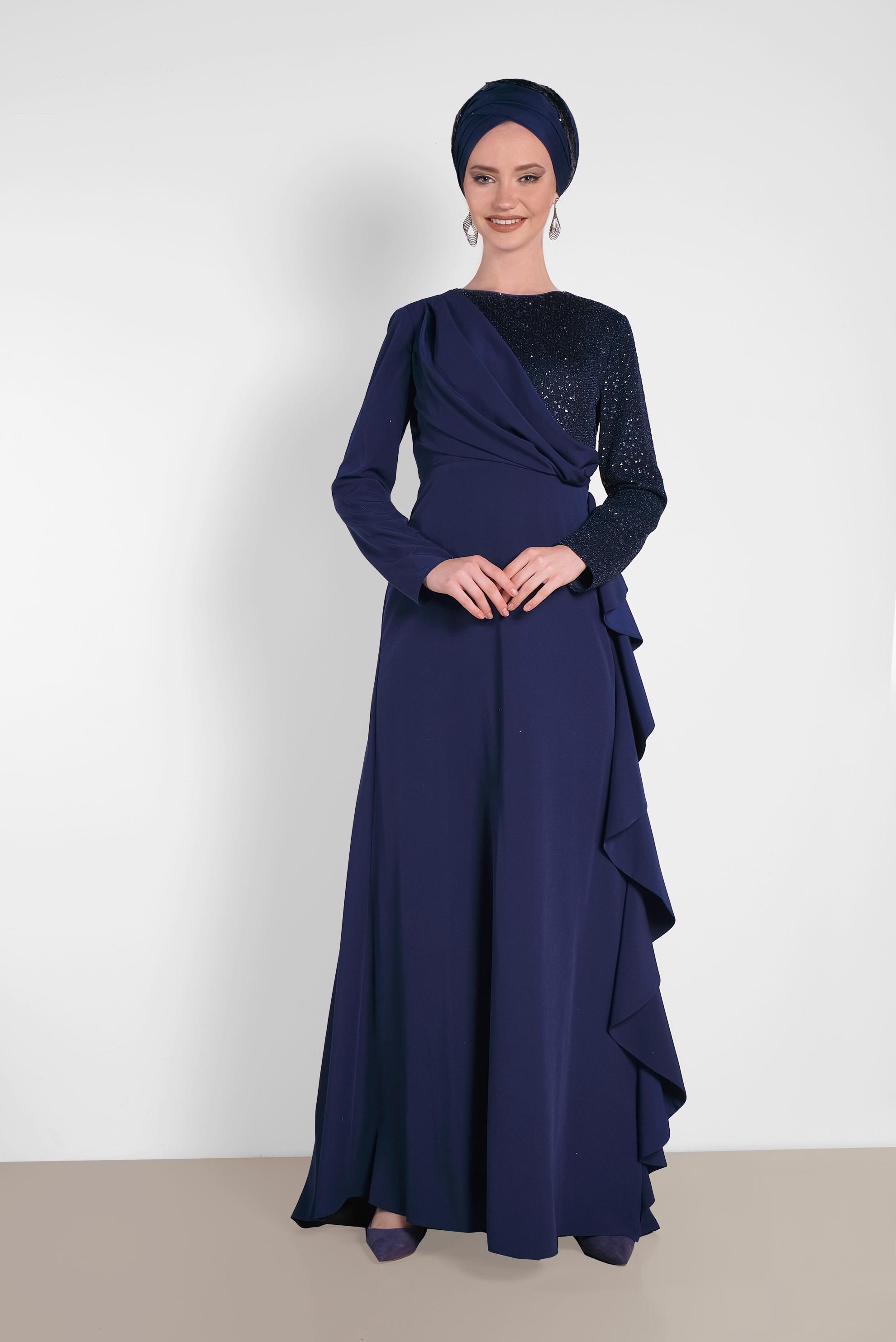 Tesettür giyim LACİVERT SİMLİ FIRFIRLI ABİYE ELBİSE 5612