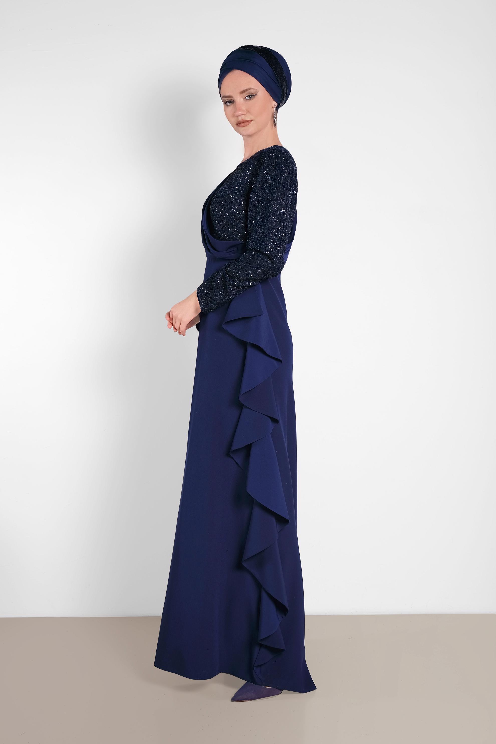 Tesettür giyim LACİVERT SİMLİ FIRFIRLI ABİYE ELBİSE 5612