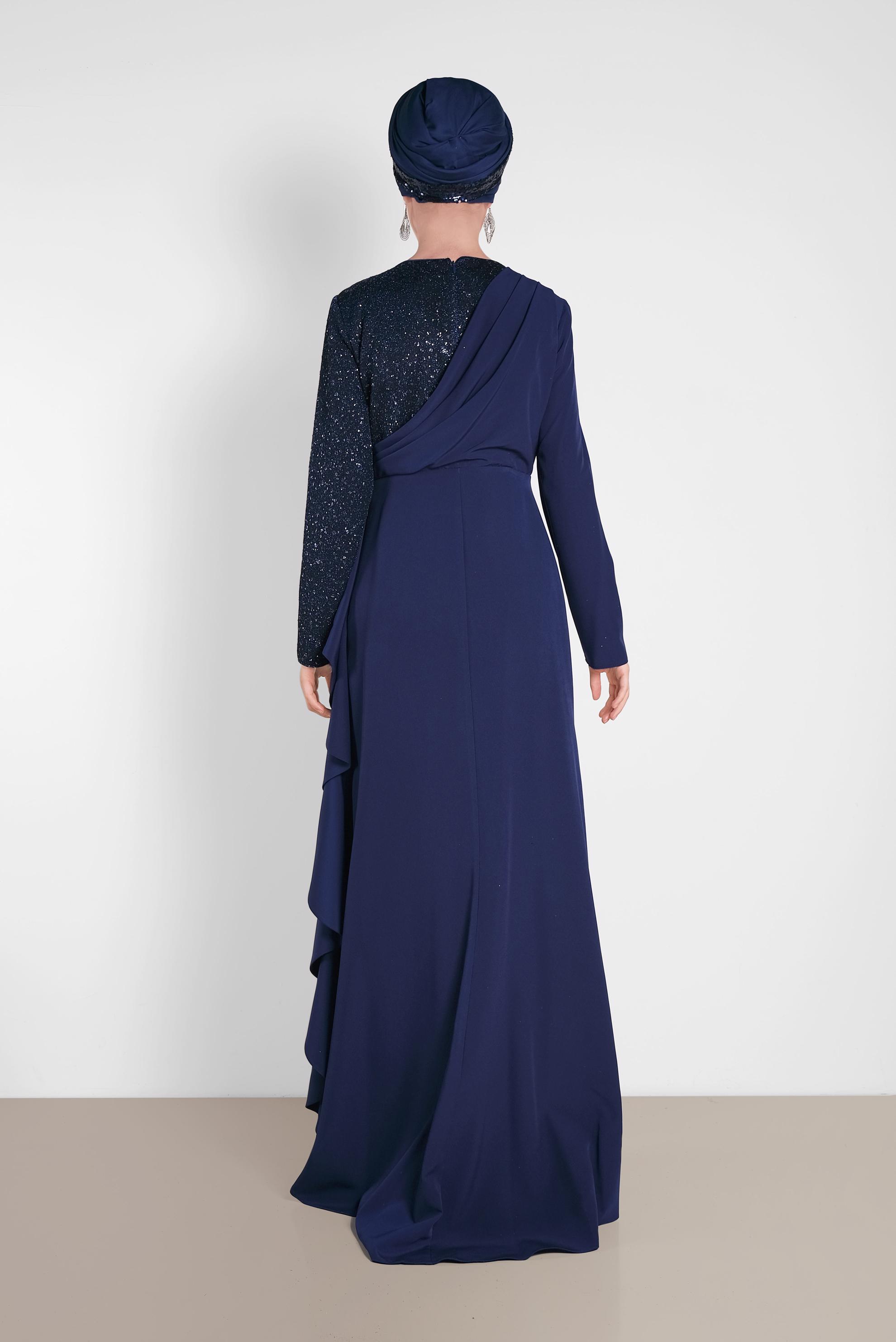 Tesettür giyim LACİVERT SİMLİ FIRFIRLI ABİYE ELBİSE 5612