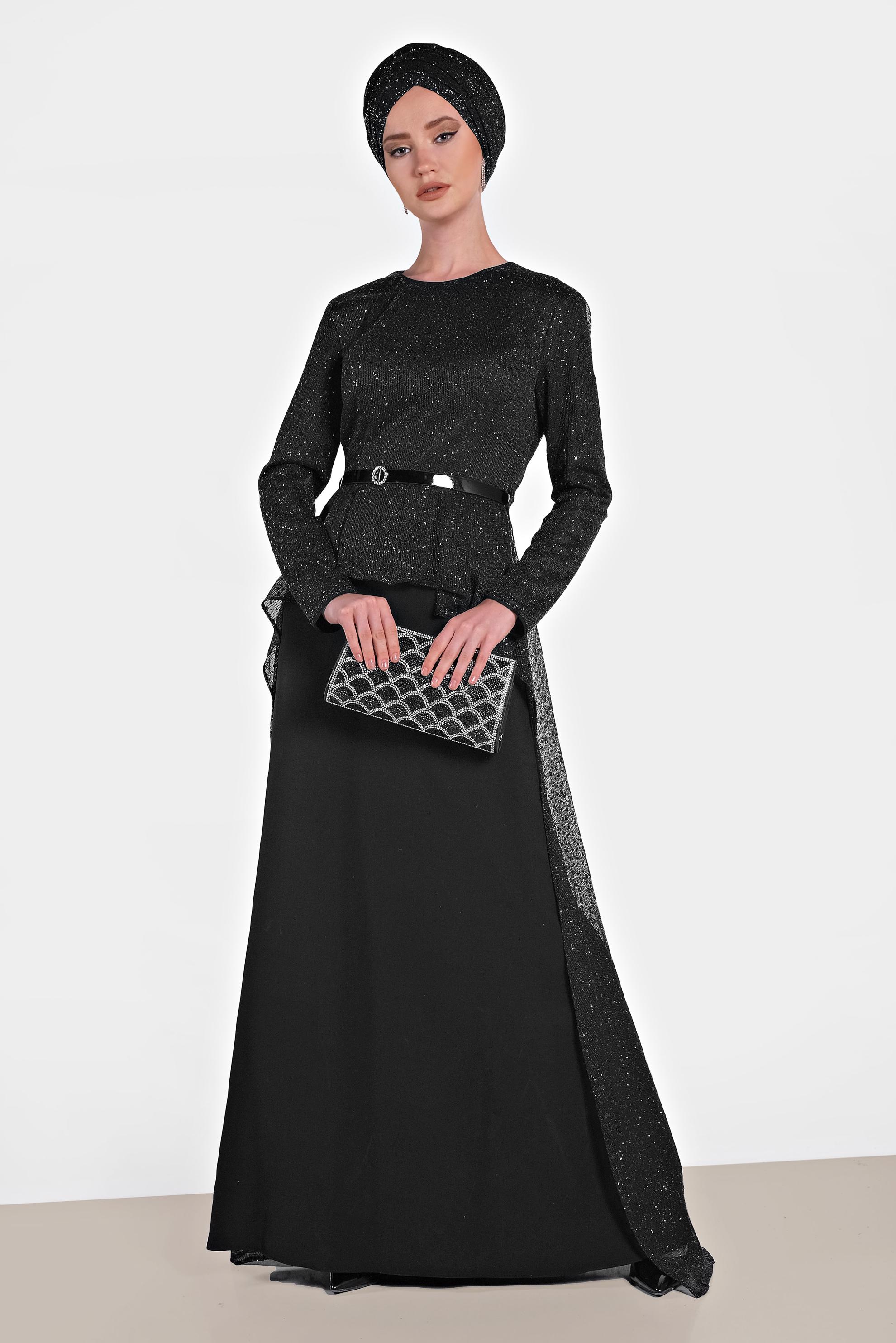 Tesettür giyim SİYAH SİMLİ KEMERLİ ABİYE ELBİSE 5613