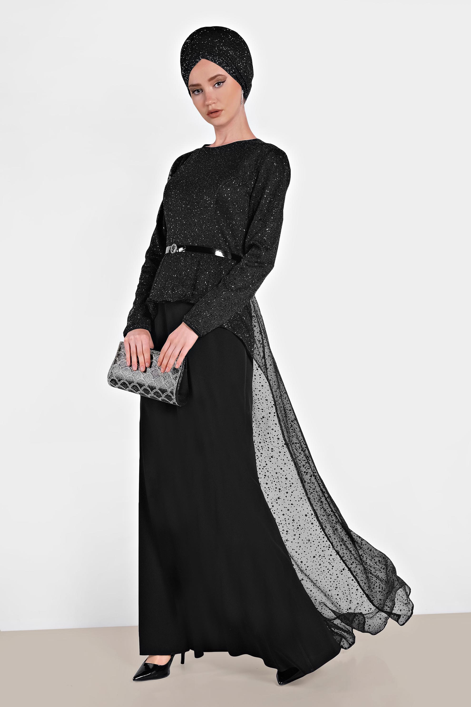 Tesettür giyim SİYAH SİMLİ KEMERLİ ABİYE ELBİSE 5613