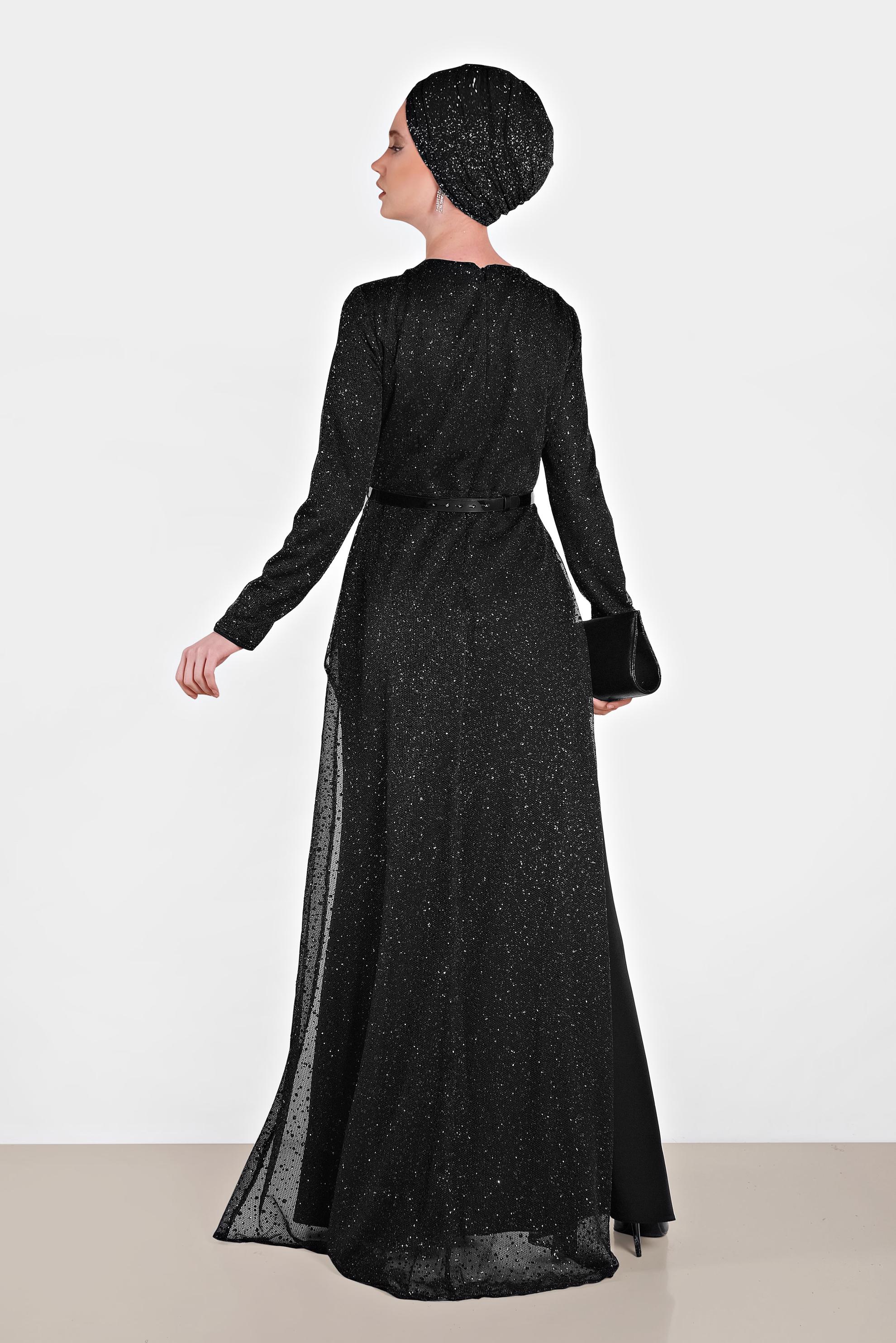 Tesettür giyim SİYAH SİMLİ KEMERLİ ABİYE ELBİSE 5613