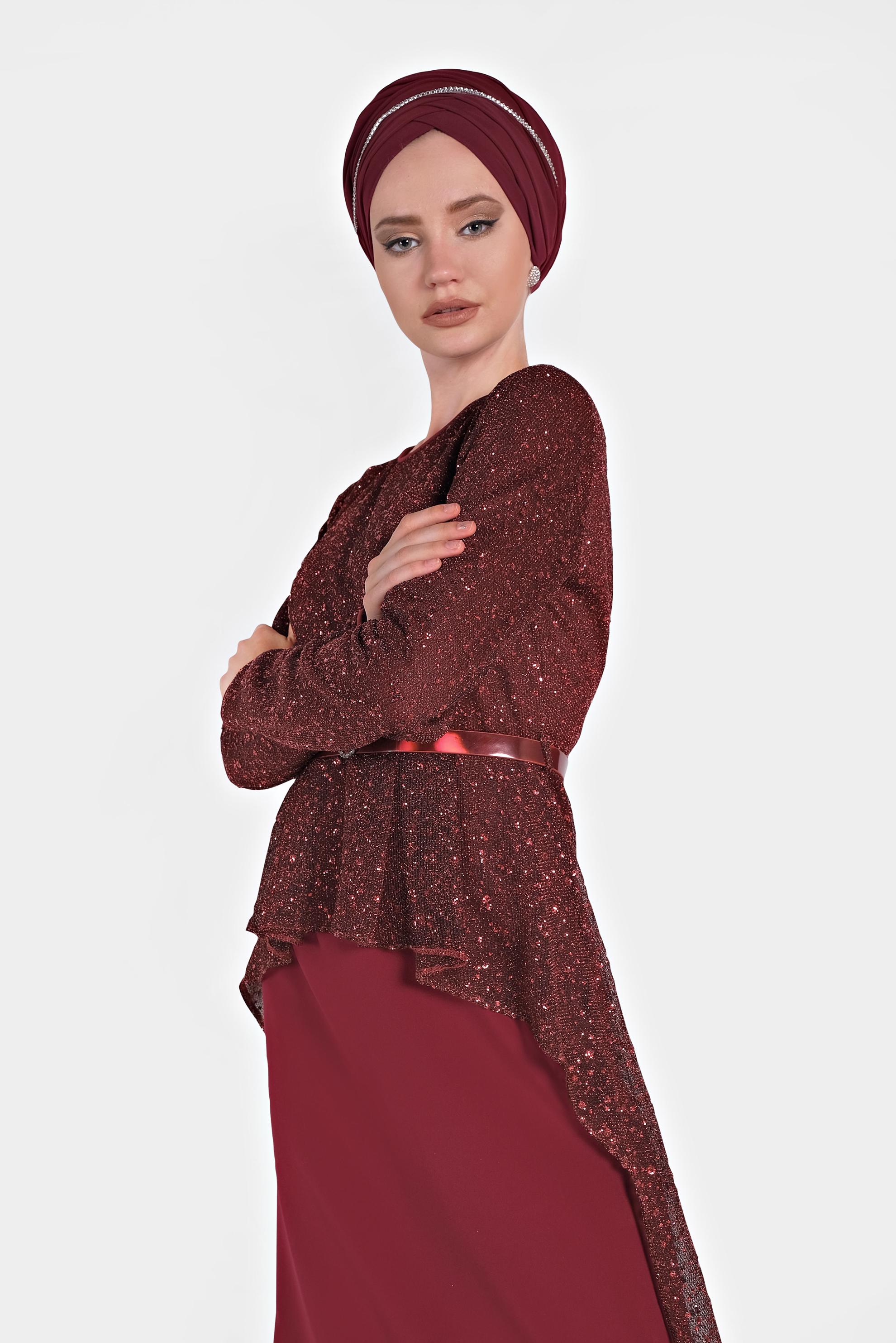 Tesettür giyim BORDO SİMLİ KEMERLİ ABİYE ELBİSE 5613