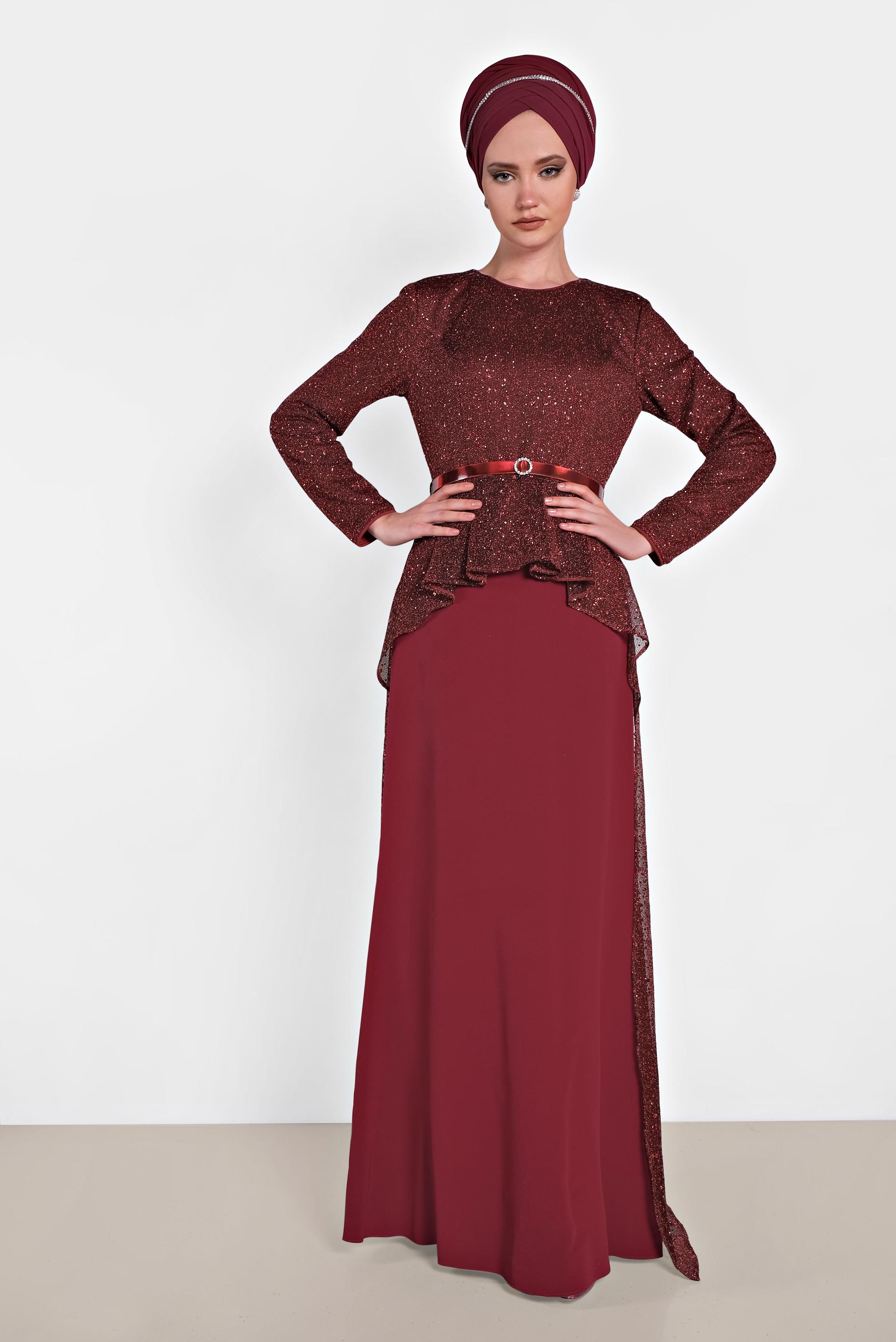 Tesettür giyim BORDO SİMLİ KEMERLİ ABİYE ELBİSE 5613