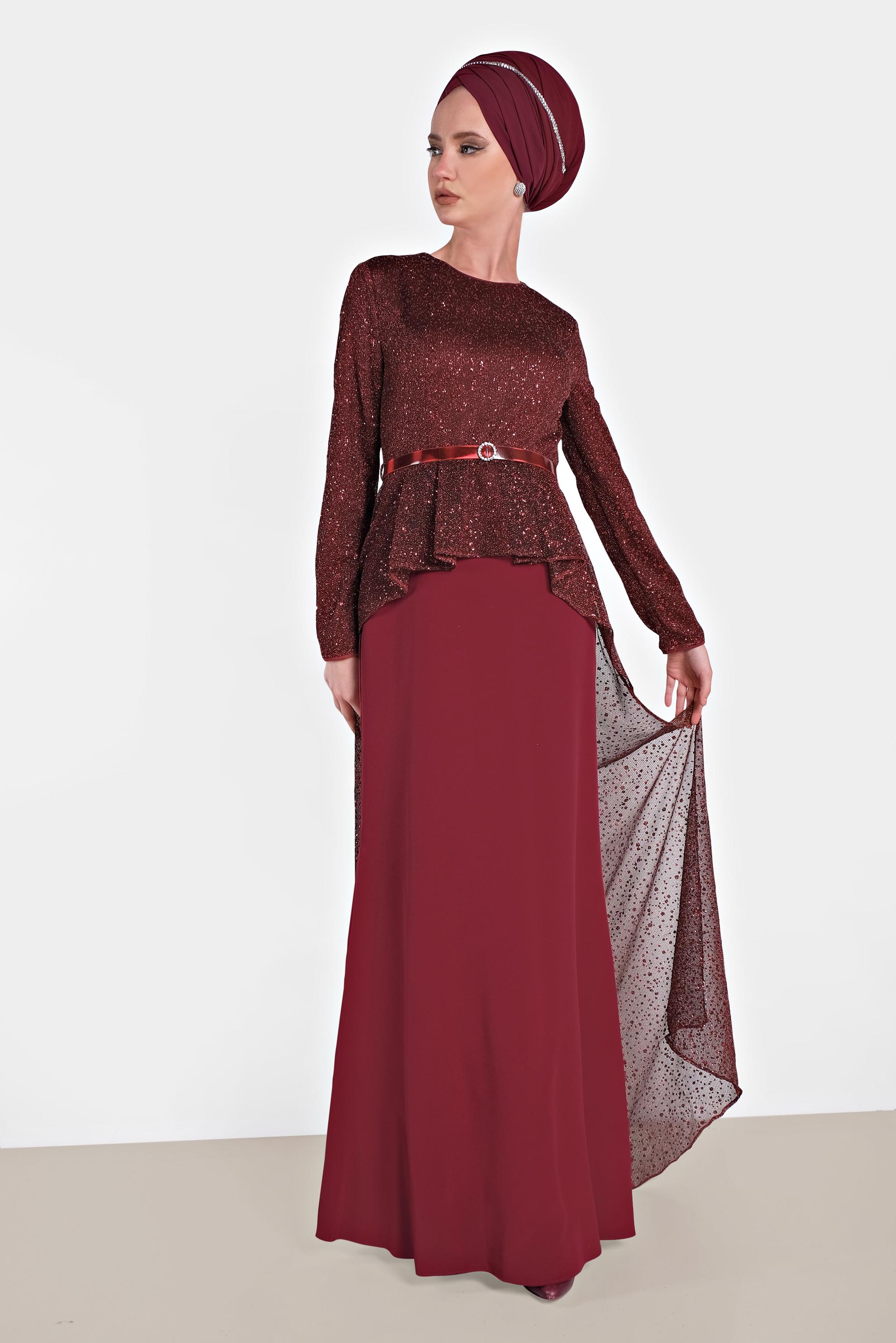 Tesettür giyim BORDO SİMLİ KEMERLİ ABİYE ELBİSE 5613