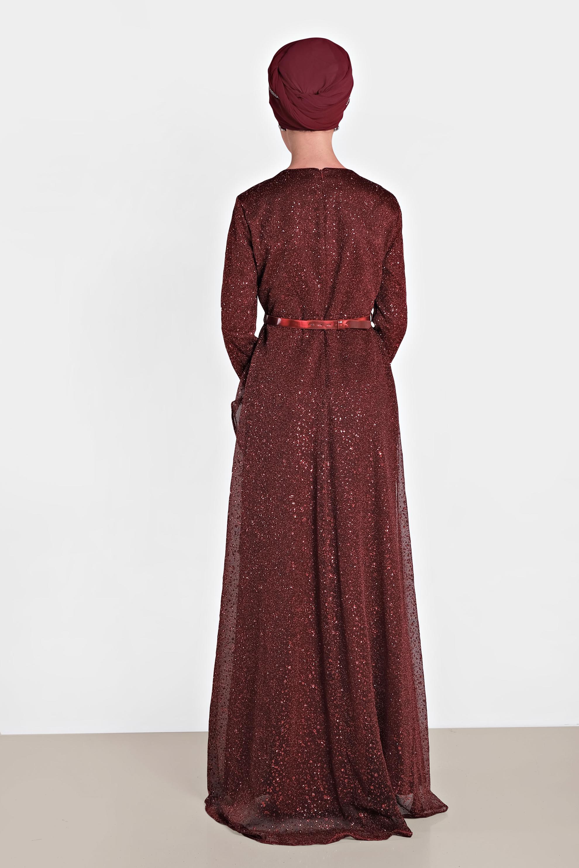 Tesettür giyim BORDO SİMLİ KEMERLİ ABİYE ELBİSE 5613