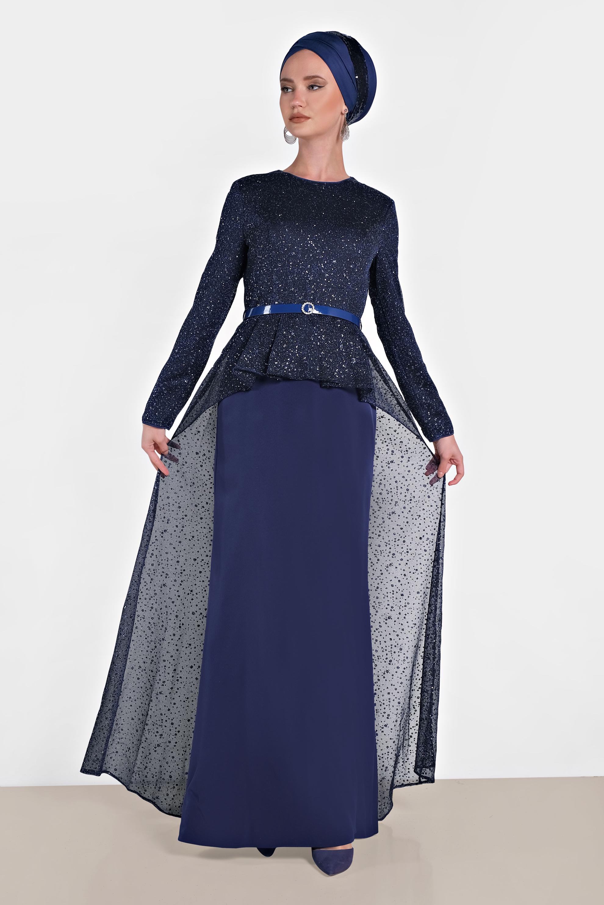 Tesettür giyim LACİVERT SİMLİ KEMERLİ ABİYE ELBİSE 5613