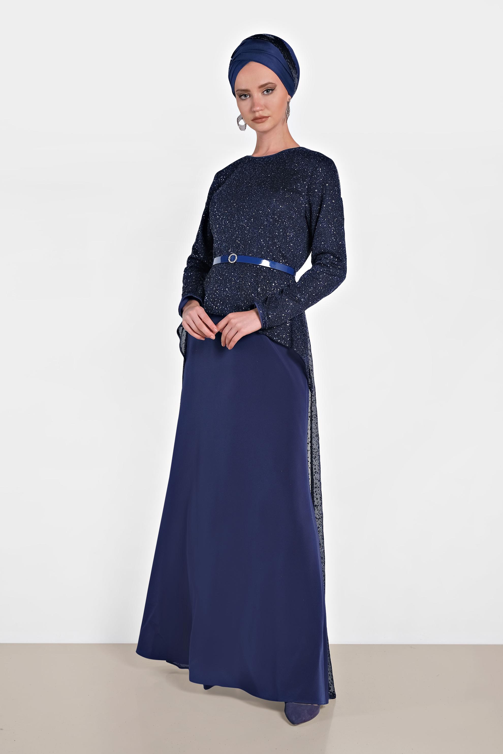 Tesettür giyim LACİVERT SİMLİ KEMERLİ ABİYE ELBİSE 5613