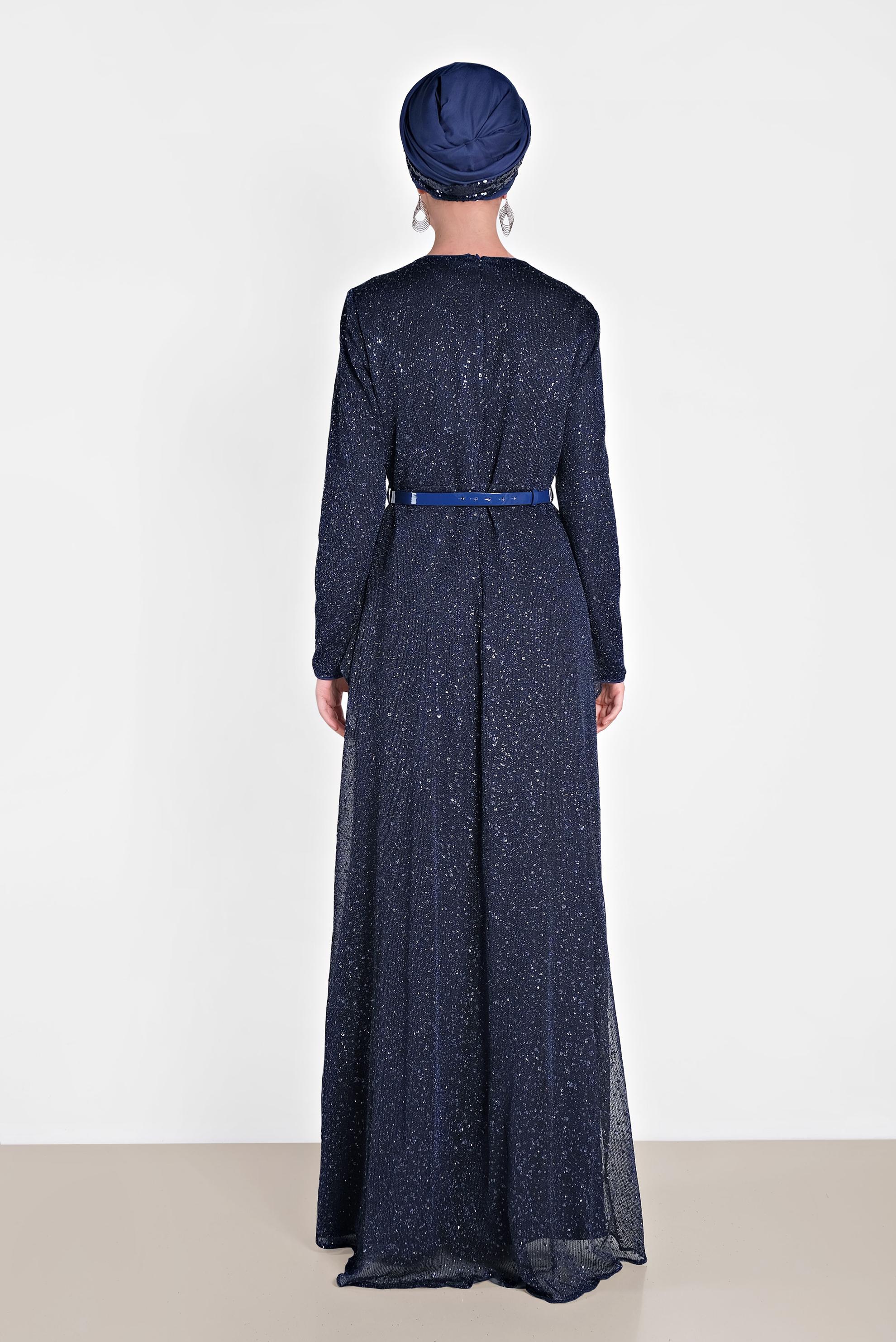 Tesettür giyim LACİVERT SİMLİ KEMERLİ ABİYE ELBİSE 5613