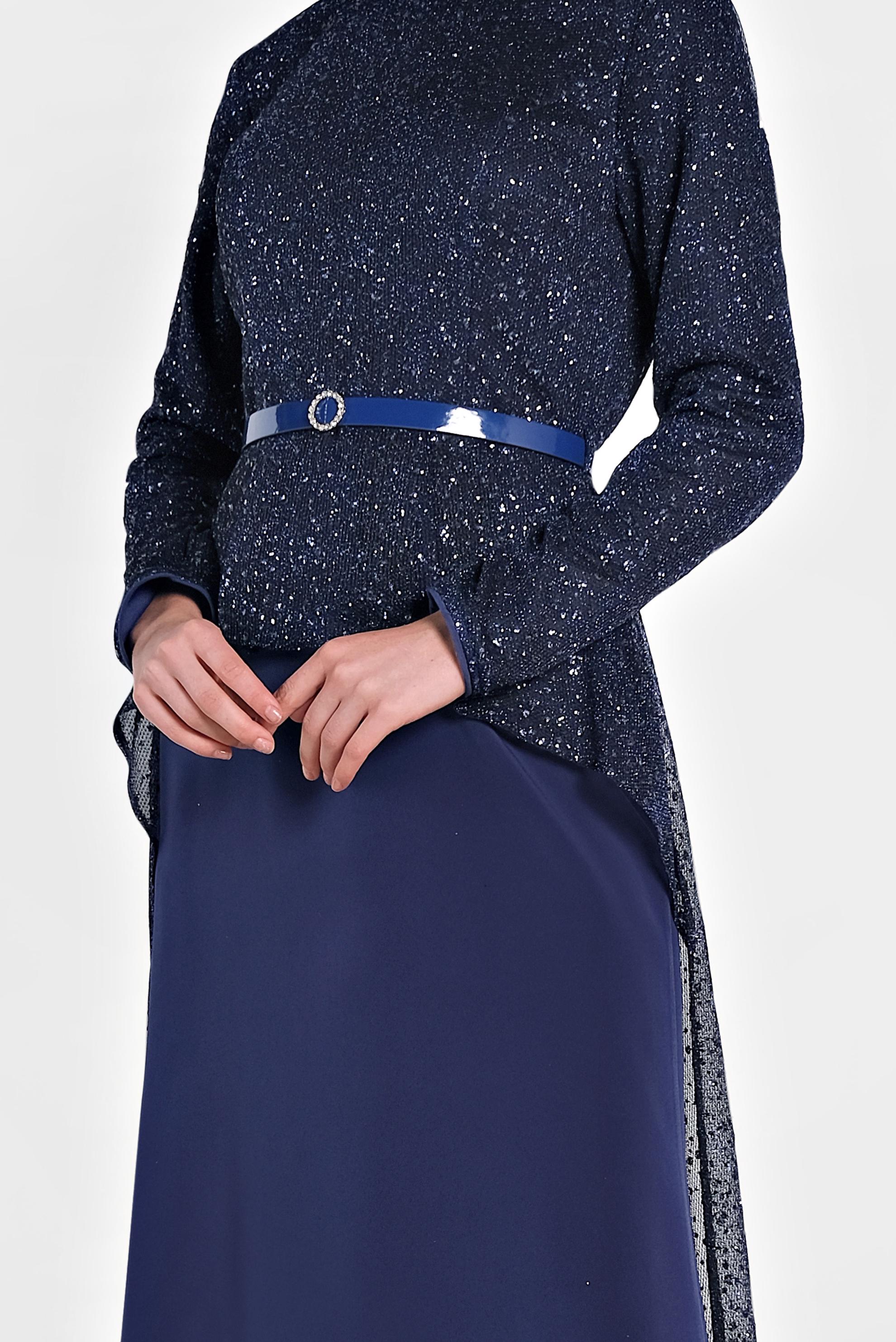 Tesettür giyim LACİVERT SİMLİ KEMERLİ ABİYE ELBİSE 5613