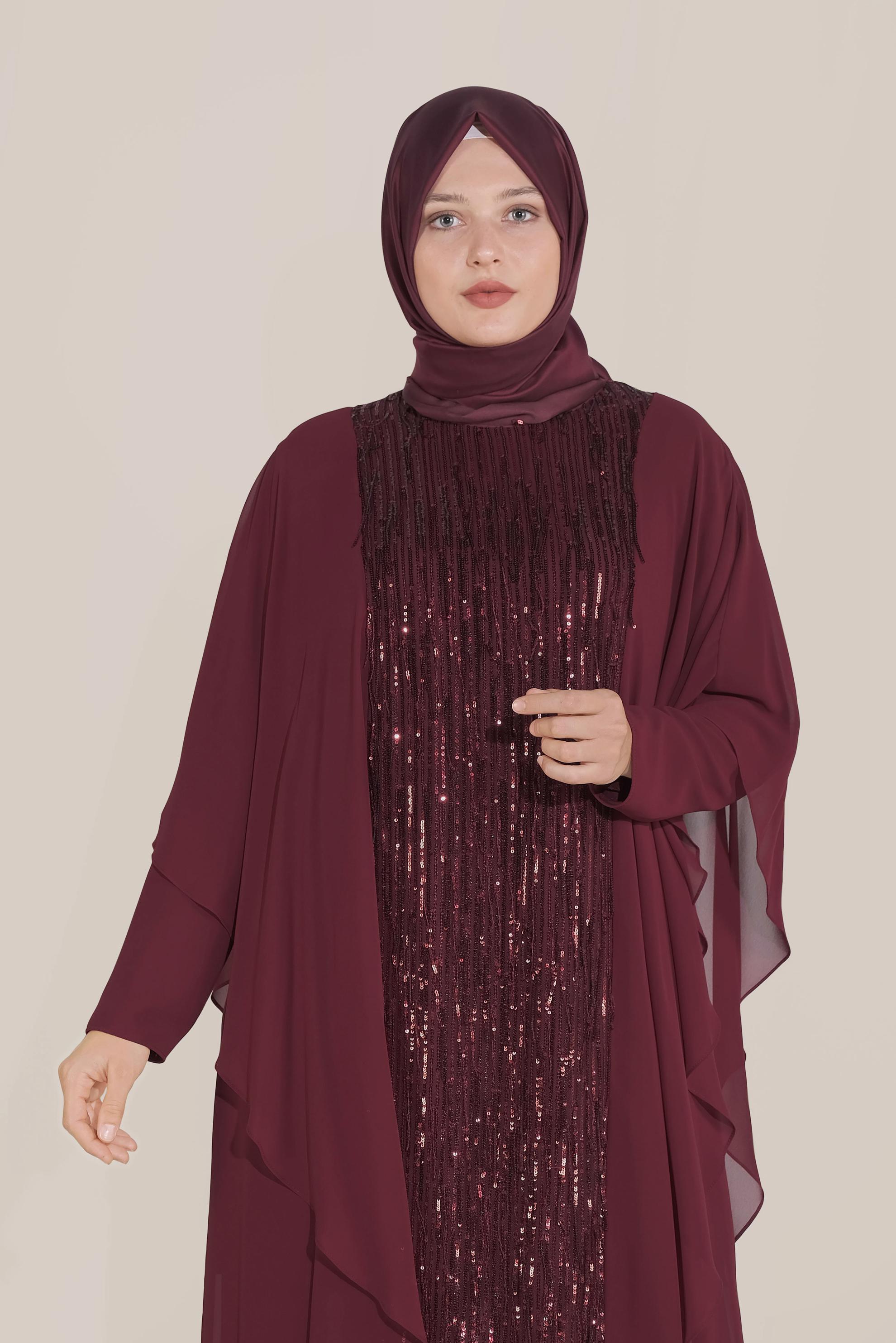 Tesettür giyim BORDO PULLU ŞİFON ABİYE PANTOLON TAKIM 5619