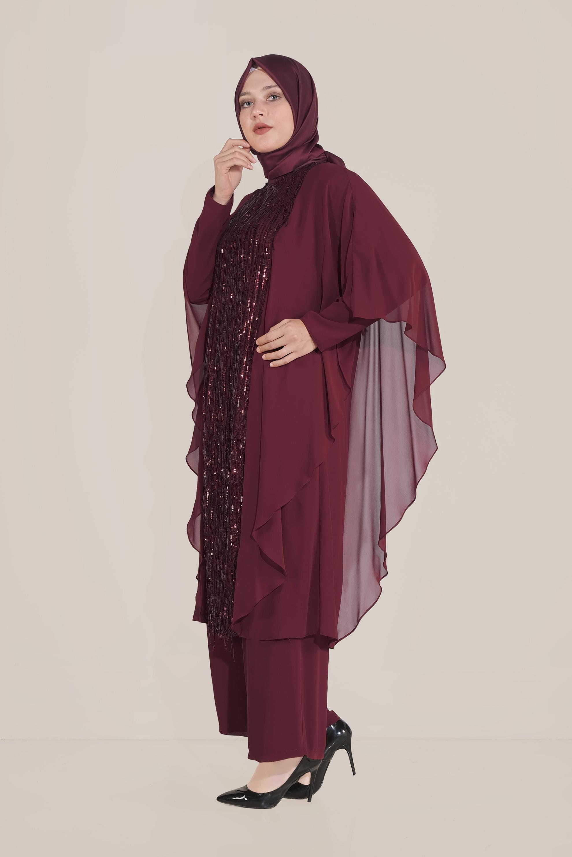 Tesettür giyim BORDO PULLU ŞİFON ABİYE PANTOLON TAKIM 5619