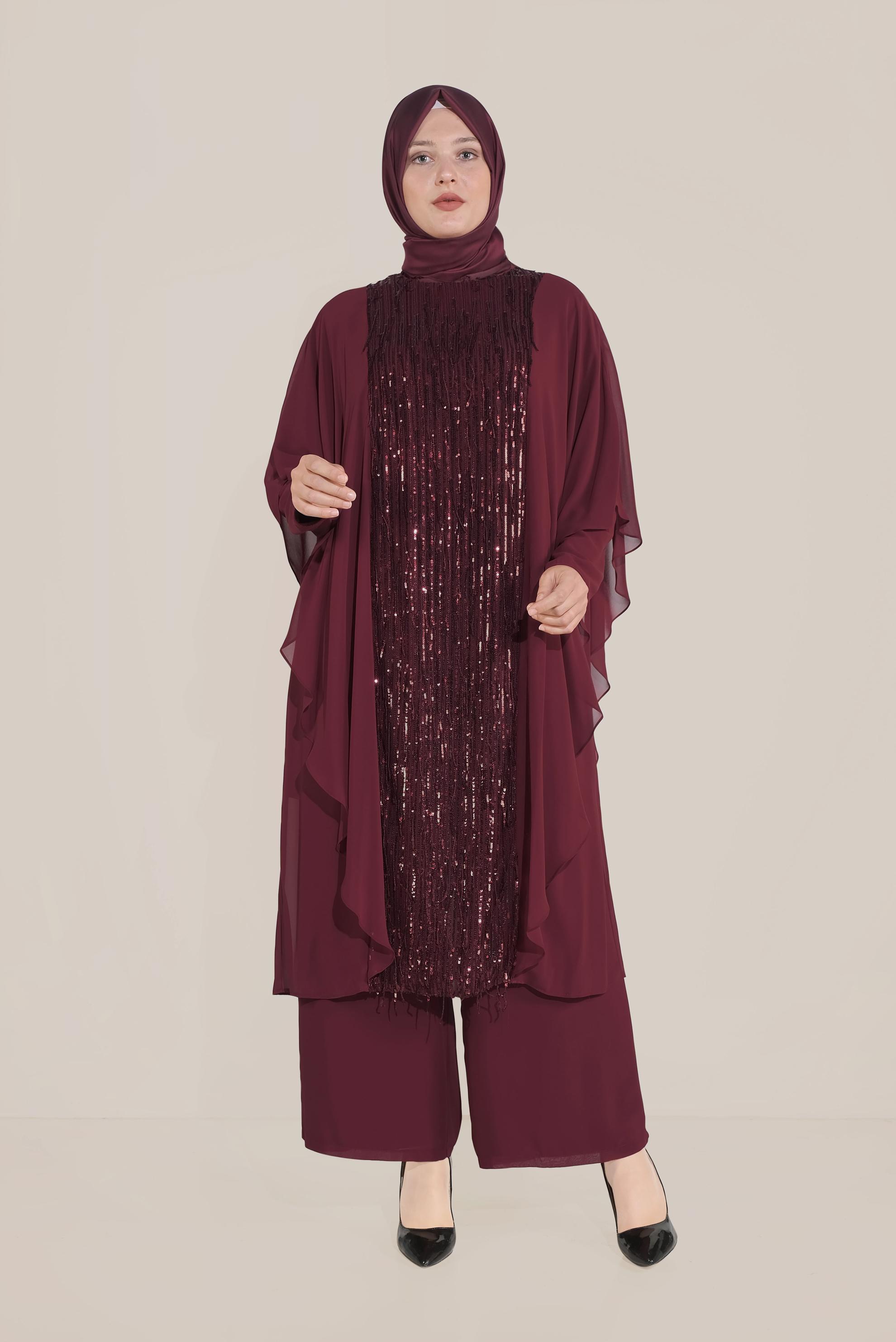 Tesettür giyim BORDO PULLU ŞİFON ABİYE PANTOLON TAKIM 5619