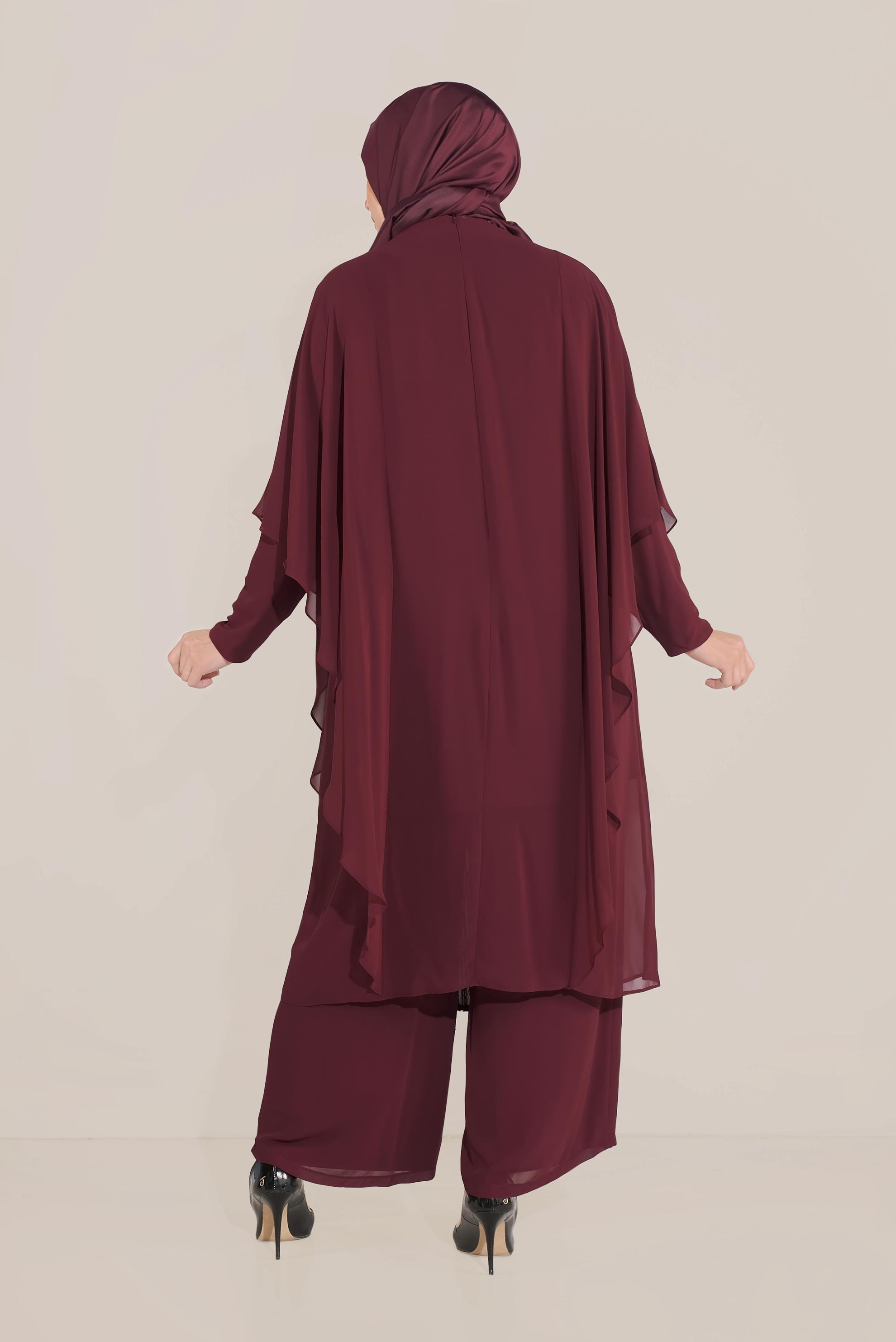 Tesettür giyim BORDO PULLU ŞİFON ABİYE PANTOLON TAKIM 5619