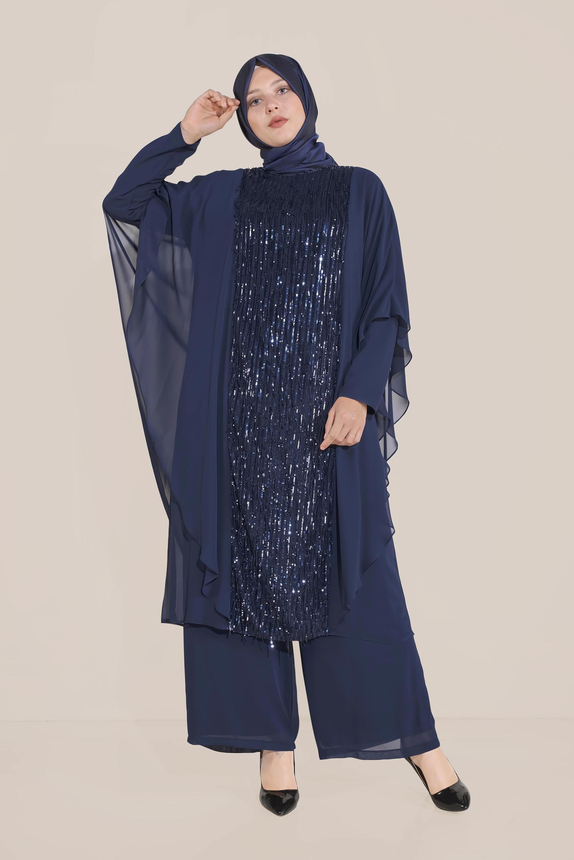 Tesettür giyim LACİVERT PULLU ŞİFON ABİYE PANTOLON TAKIM 5619