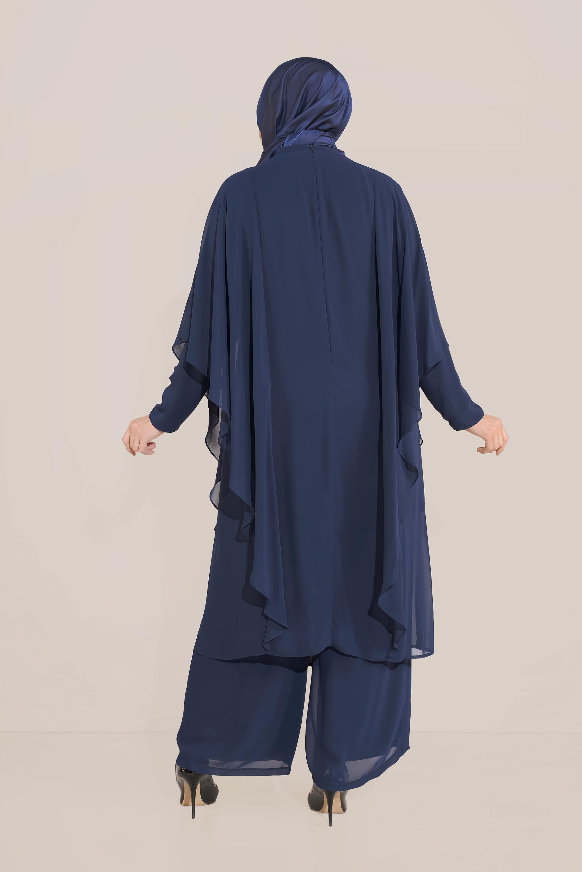 Tesettür giyim LACİVERT PULLU ŞİFON ABİYE PANTOLON TAKIM 5619