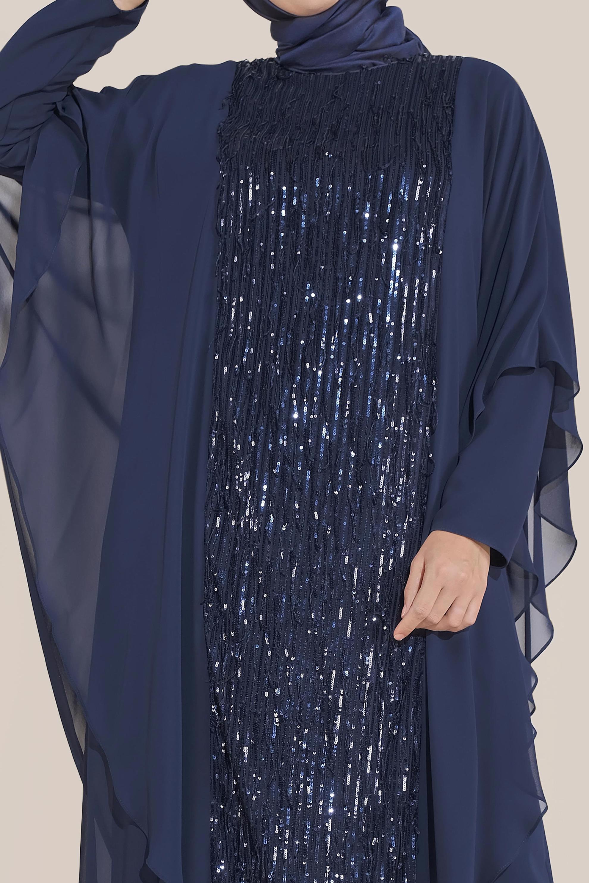 Tesettür giyim LACİVERT PULLU ŞİFON ABİYE PANTOLON TAKIM 5619