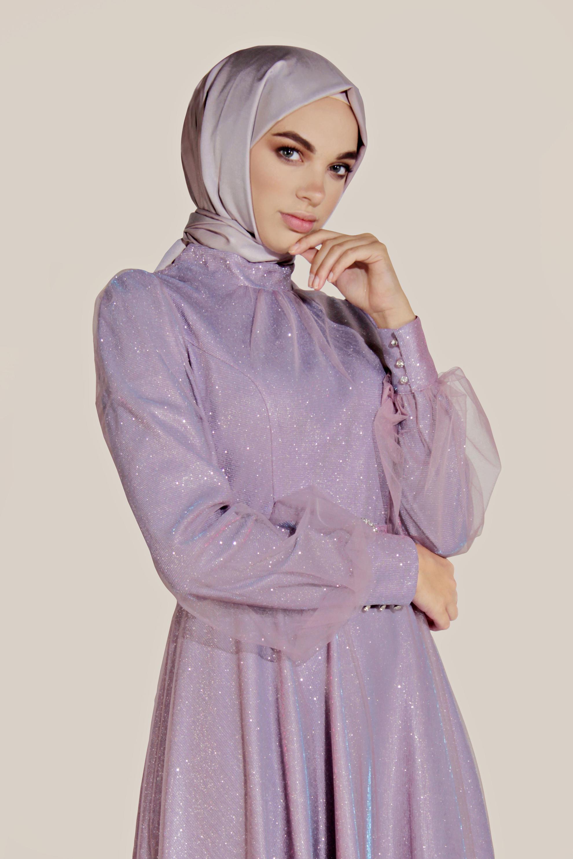 Tesettür giyim MOR TÜLLÜ PARLAK ABİYE ELBİSE 50027-1