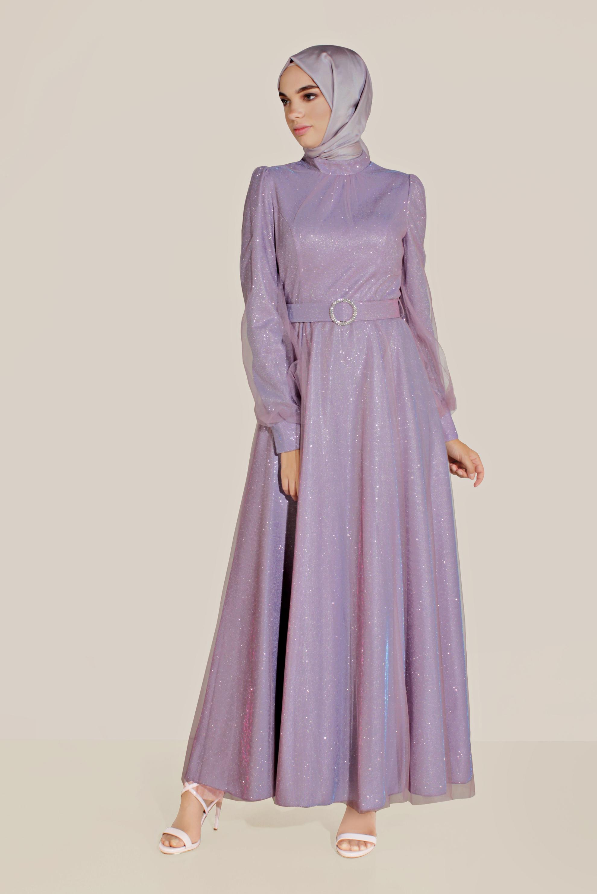 Tesettür giyim MOR TÜLLÜ PARLAK ABİYE ELBİSE 50027-1