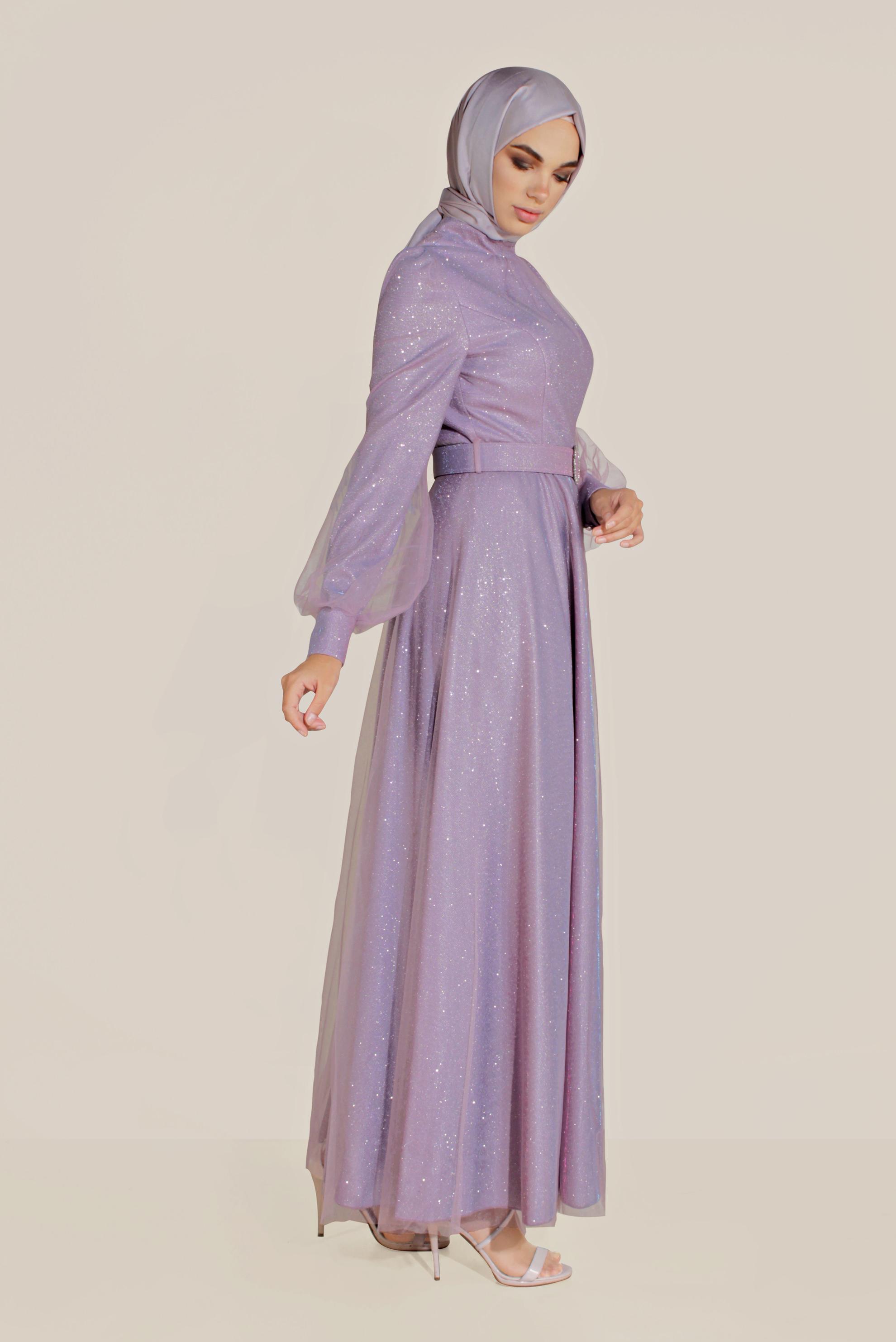 Tesettür giyim MOR TÜLLÜ PARLAK ABİYE ELBİSE 50027-1