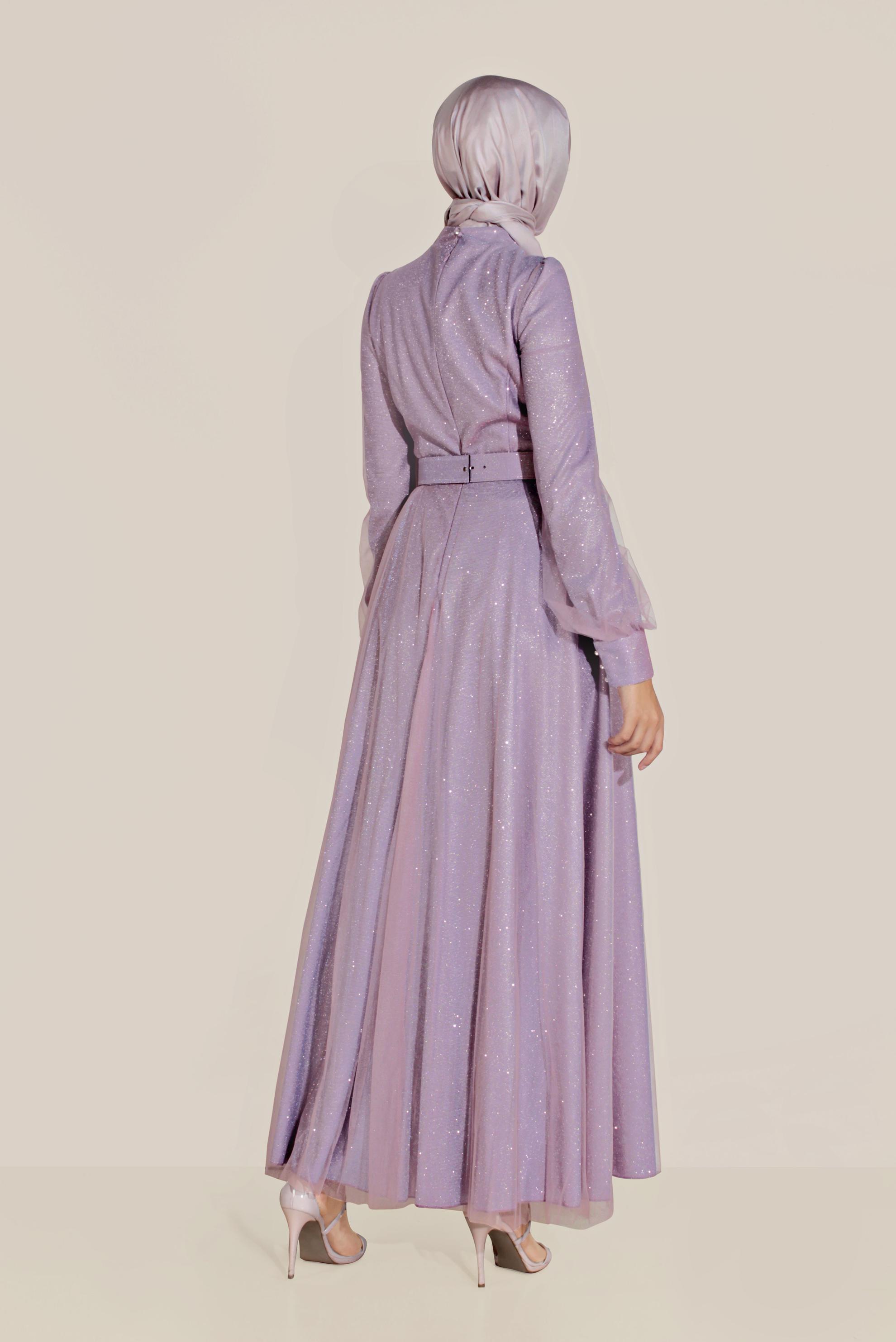 Tesettür giyim MOR TÜLLÜ PARLAK ABİYE ELBİSE 50027-1