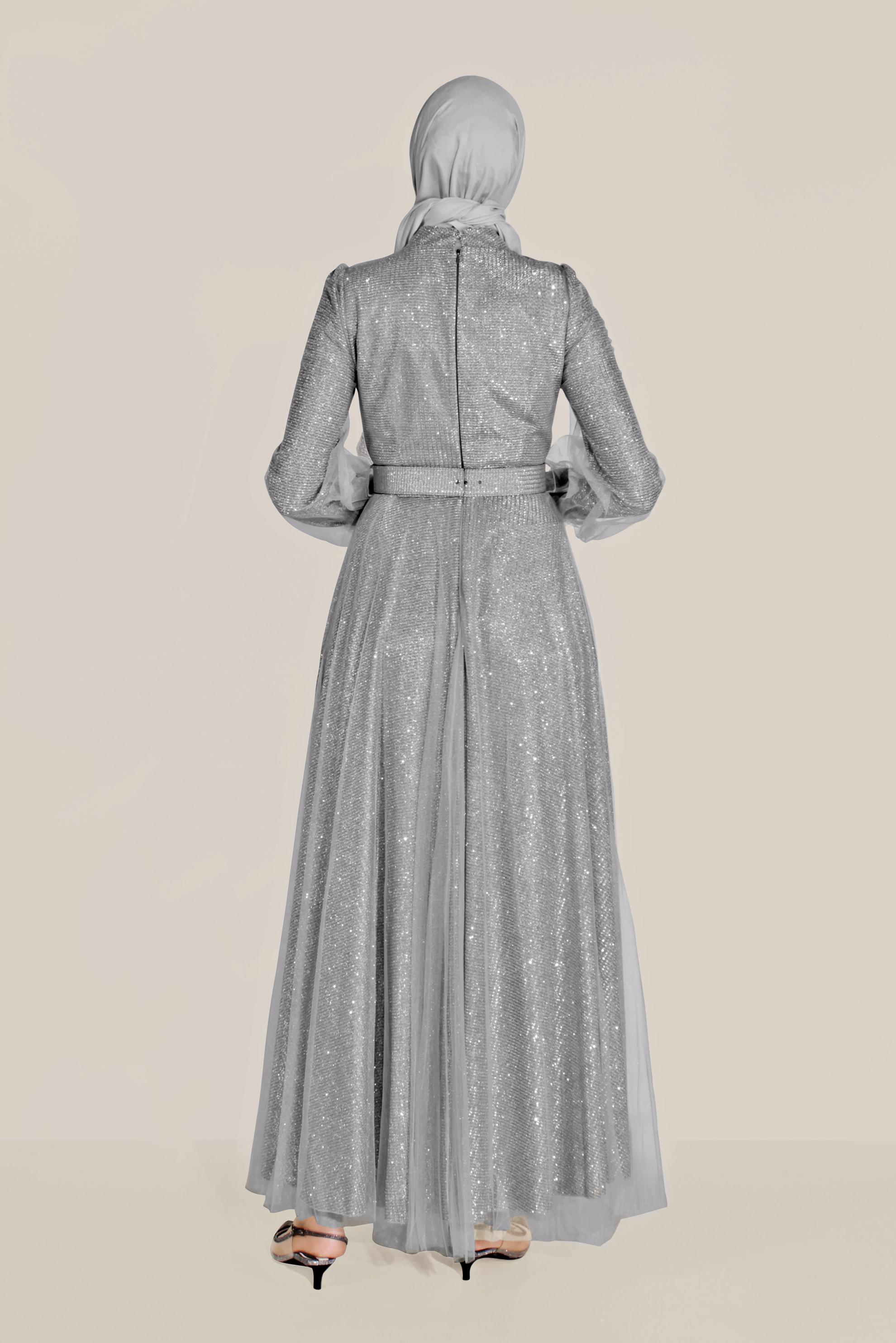 Tesettür giyim GÜMÜŞ TÜLLÜ PARLAK ABİYE ELBİSE 50027-1