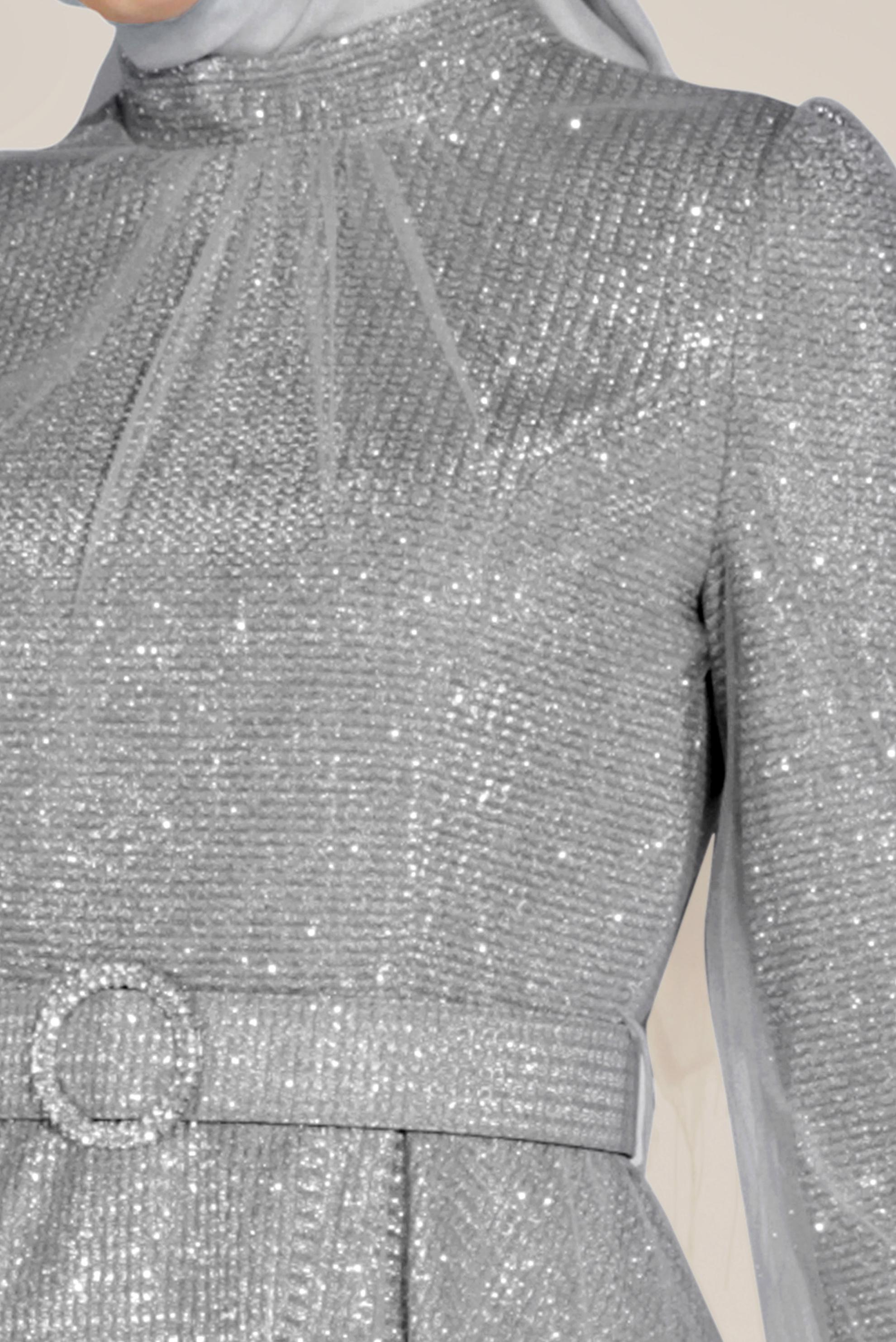 Tesettür giyim GÜMÜŞ TÜLLÜ PARLAK ABİYE ELBİSE 50027-1