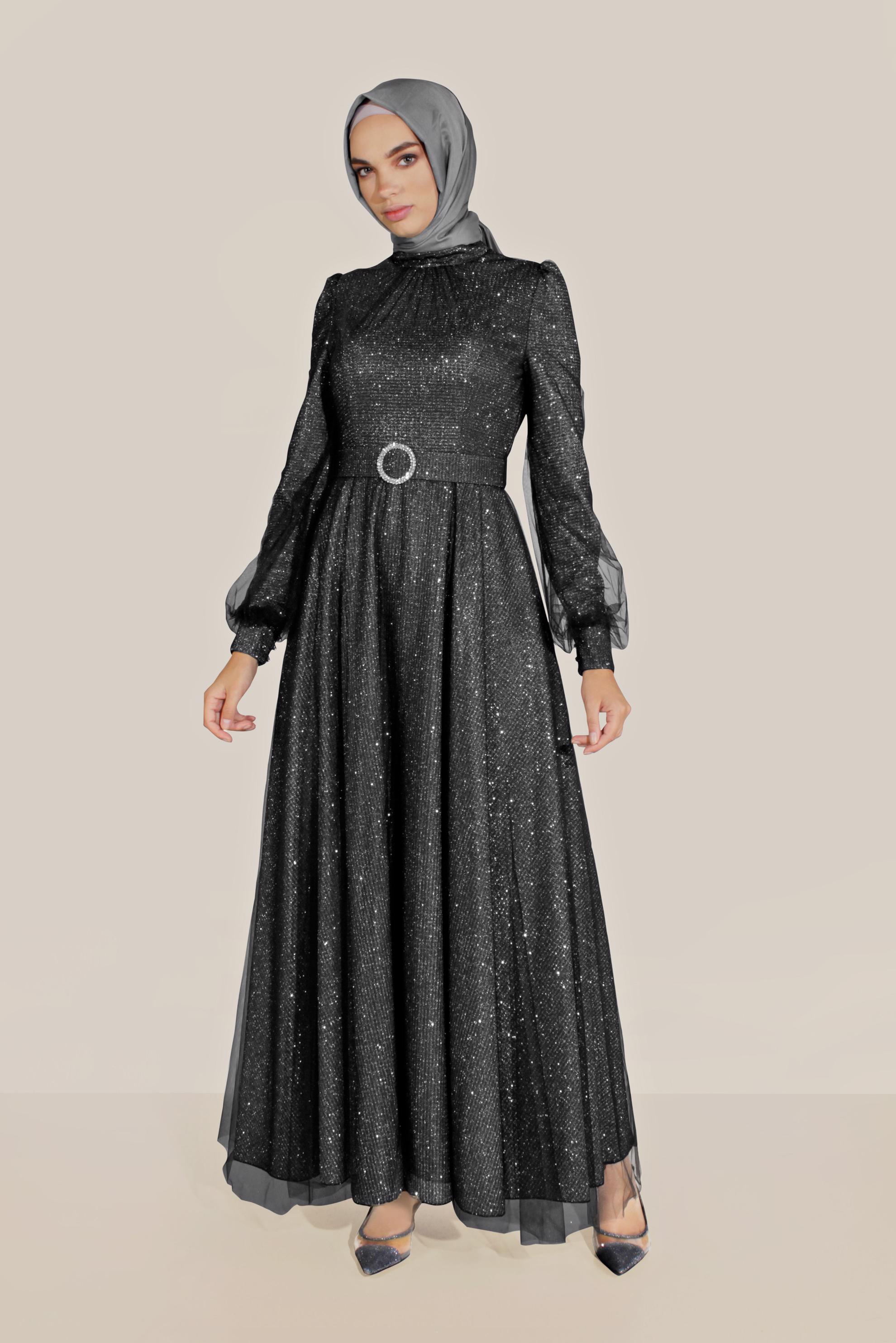Tesettür giyim SİYAH TÜLLÜ PARLAK ABİYE ELBİSE 50027-1
