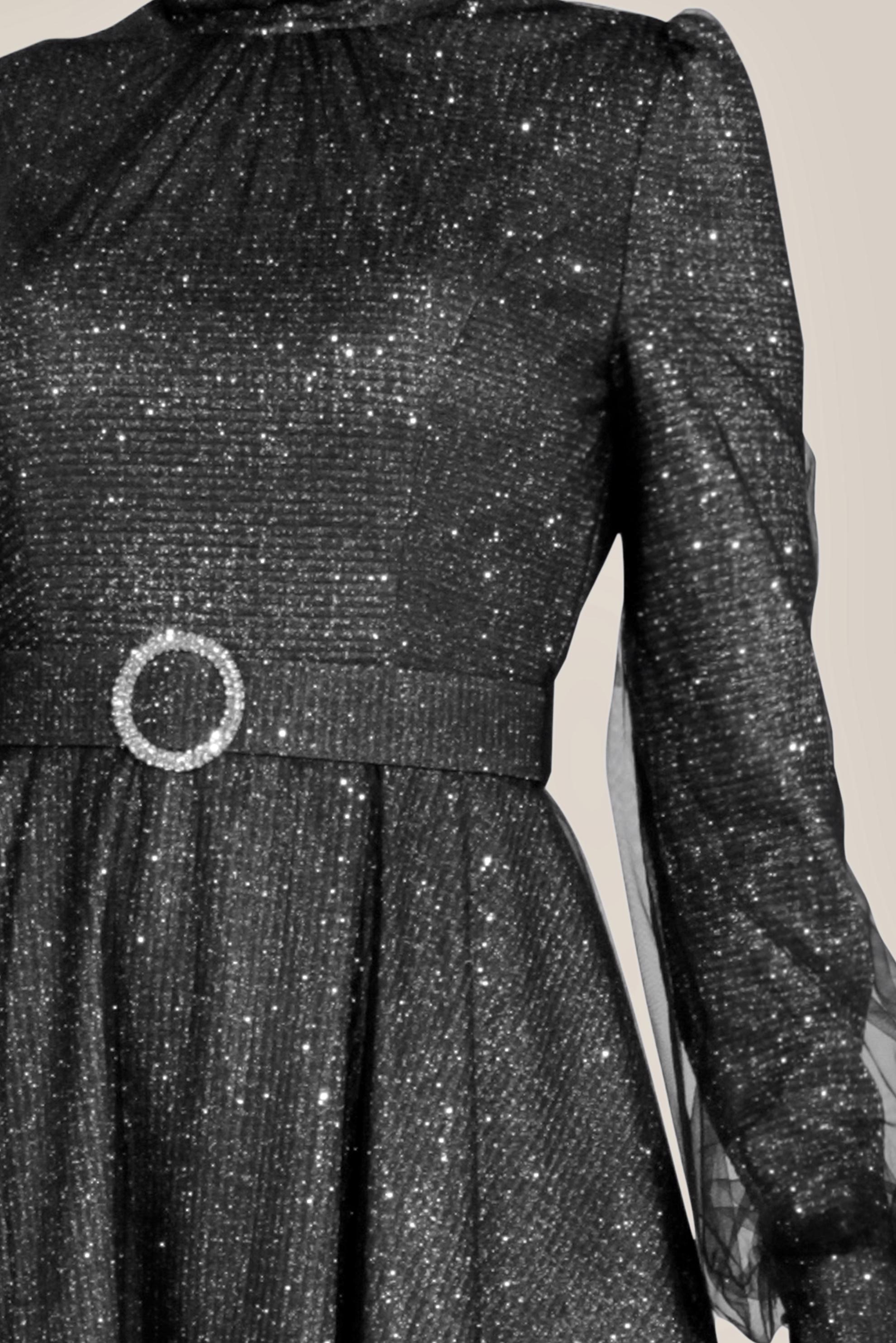 Tesettür giyim SİYAH TÜLLÜ PARLAK ABİYE ELBİSE 50027-1