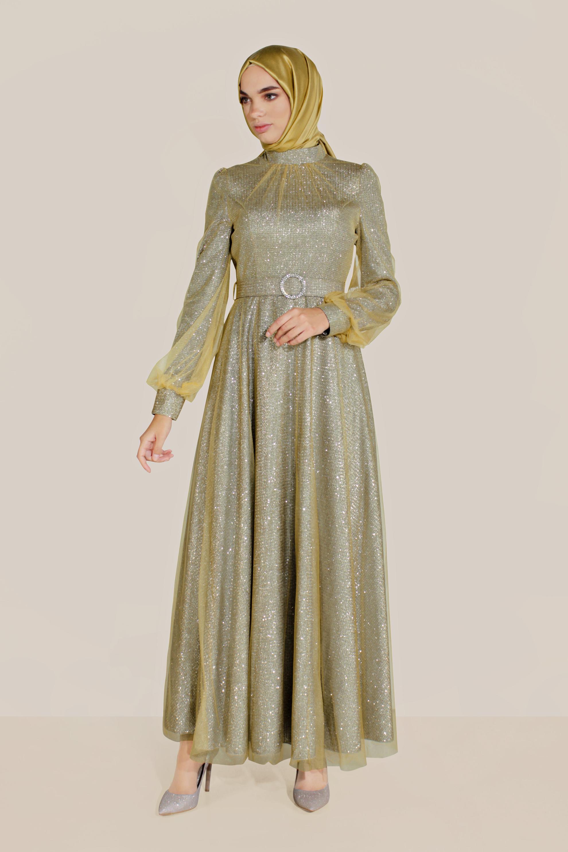 Tesettür giyim GRİ TÜLLÜ PARLAK ABİYE ELBİSE 50027-1