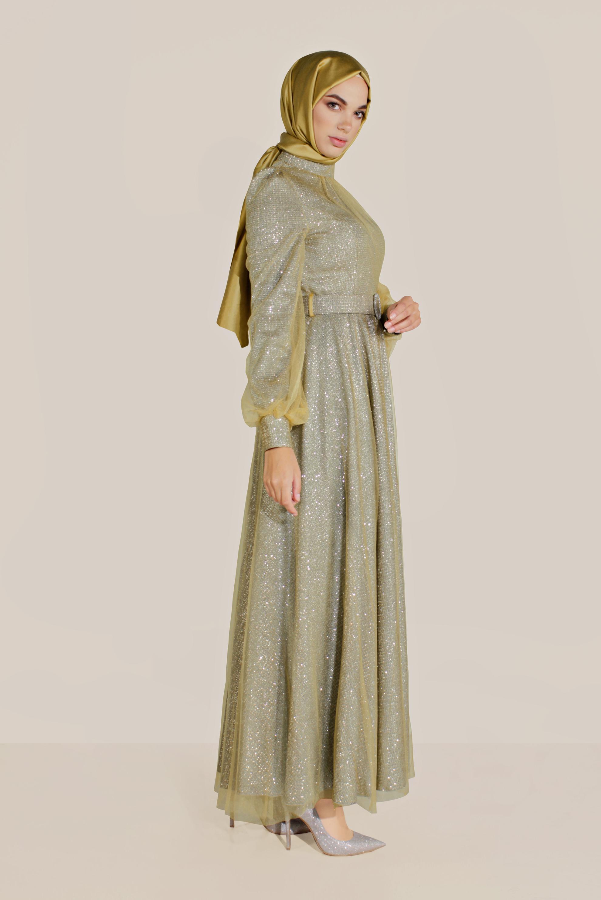 Tesettür giyim GRİ TÜLLÜ PARLAK ABİYE ELBİSE 50027-1