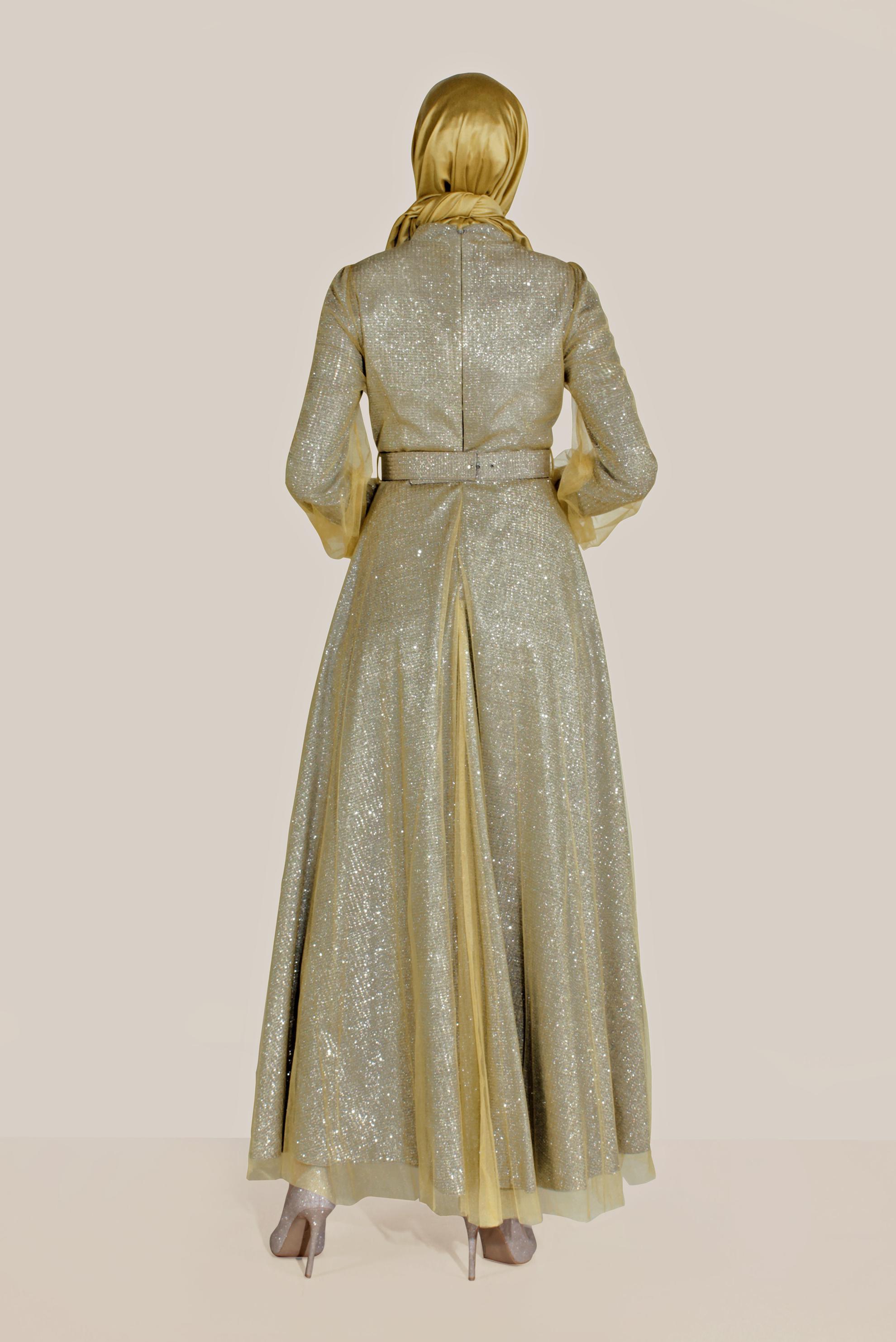 Tesettür giyim GRİ TÜLLÜ PARLAK ABİYE ELBİSE 50027-1