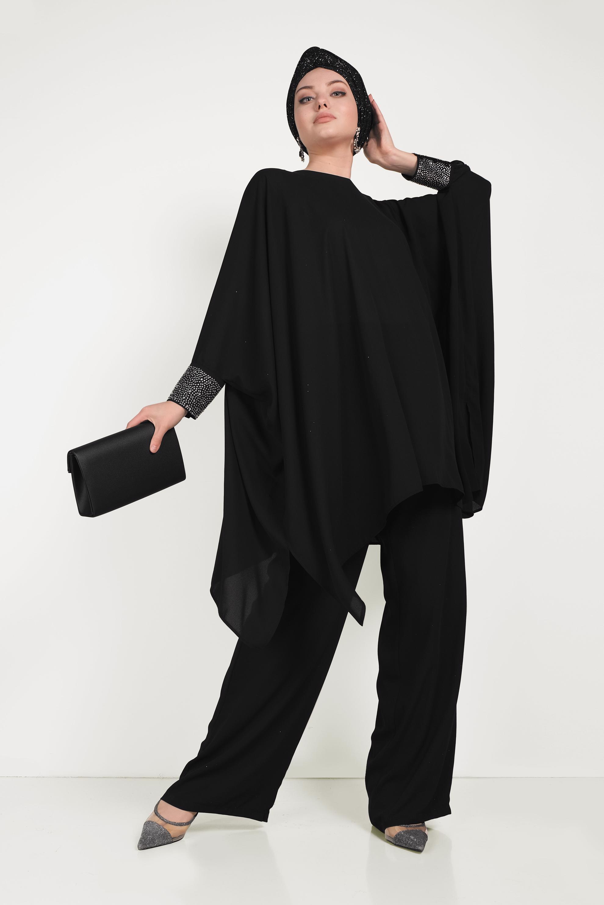 Tesettür giyim SİYAH MANŞETLERİ TAŞLI ASİMETRİK KESİM TAKIM 50003