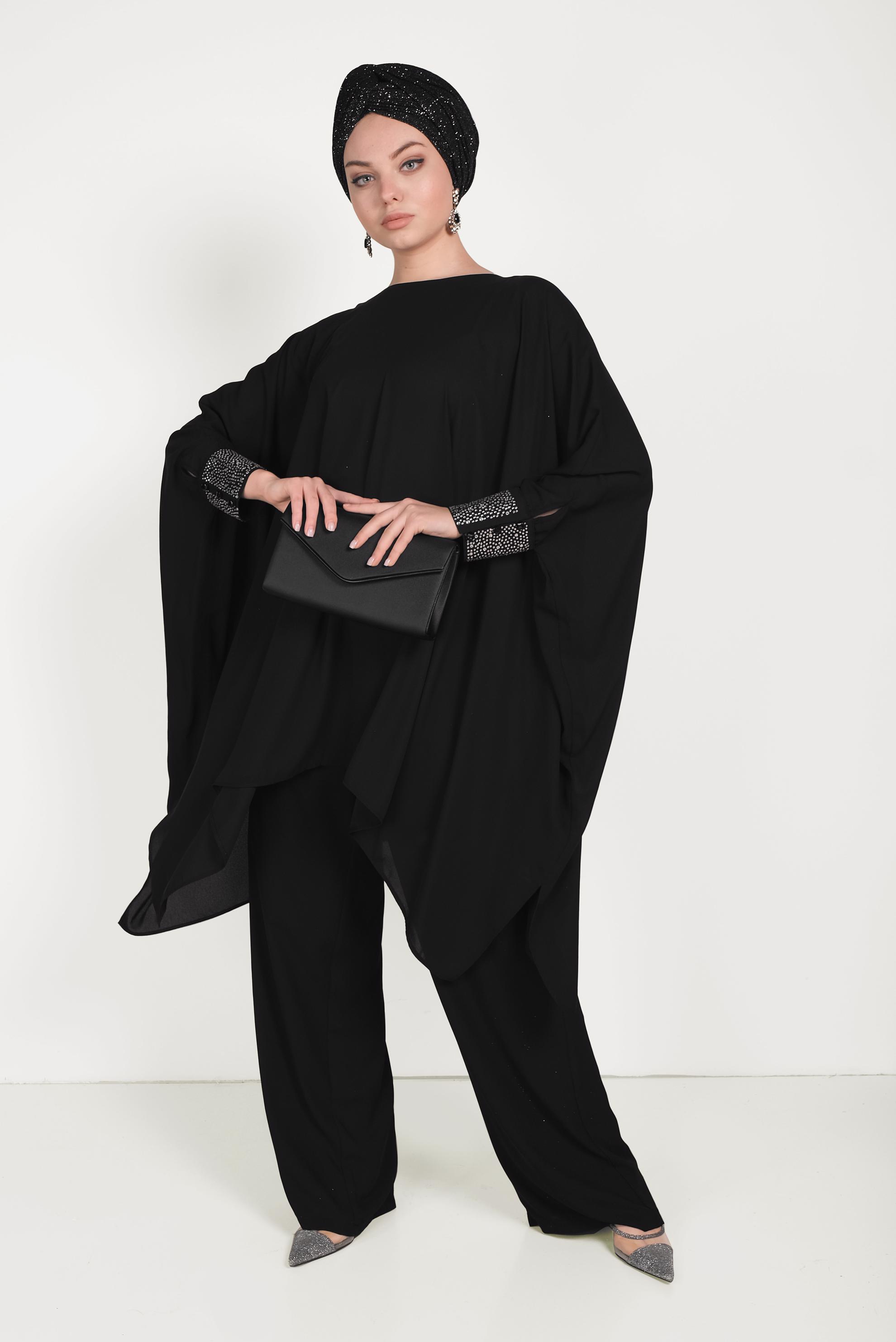 Tesettür giyim SİYAH MANŞETLERİ TAŞLI ASİMETRİK KESİM TAKIM 50003