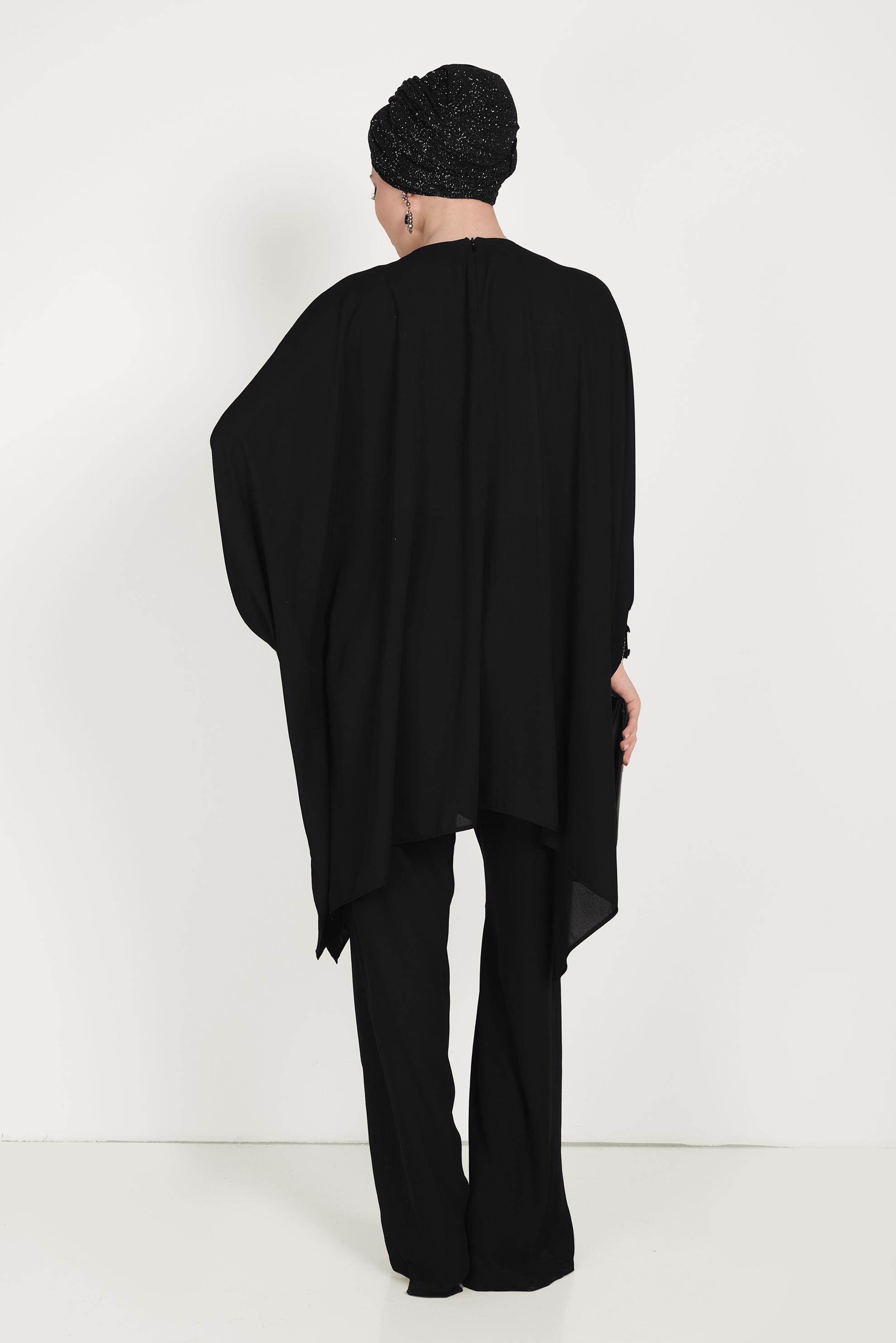 Tesettür giyim SİYAH MANŞETLERİ TAŞLI ASİMETRİK KESİM TAKIM 50003