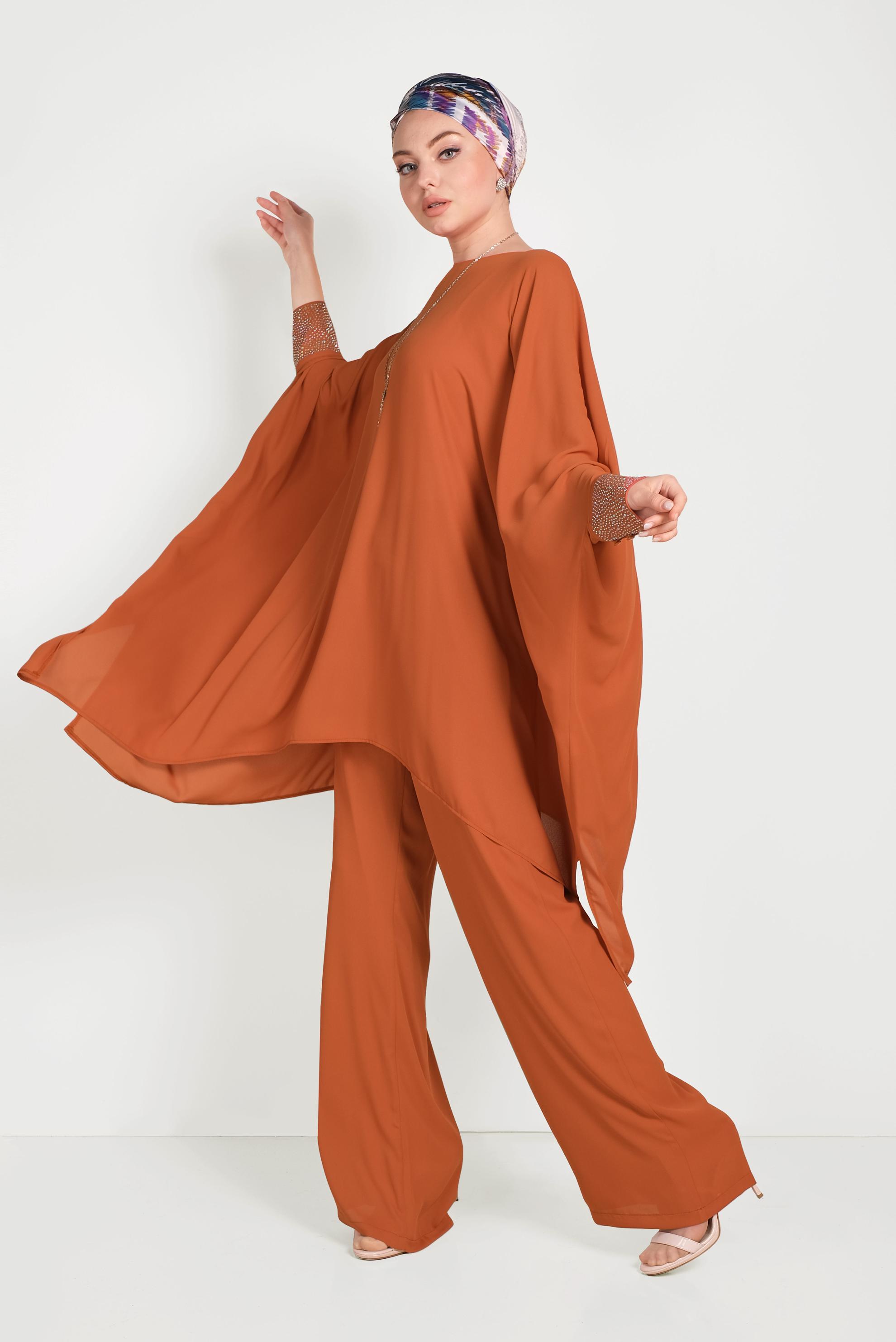 Tesettür giyim TABA MANŞETLERİ TAŞLI ASİMETRİK KESİM TAKIM 50003