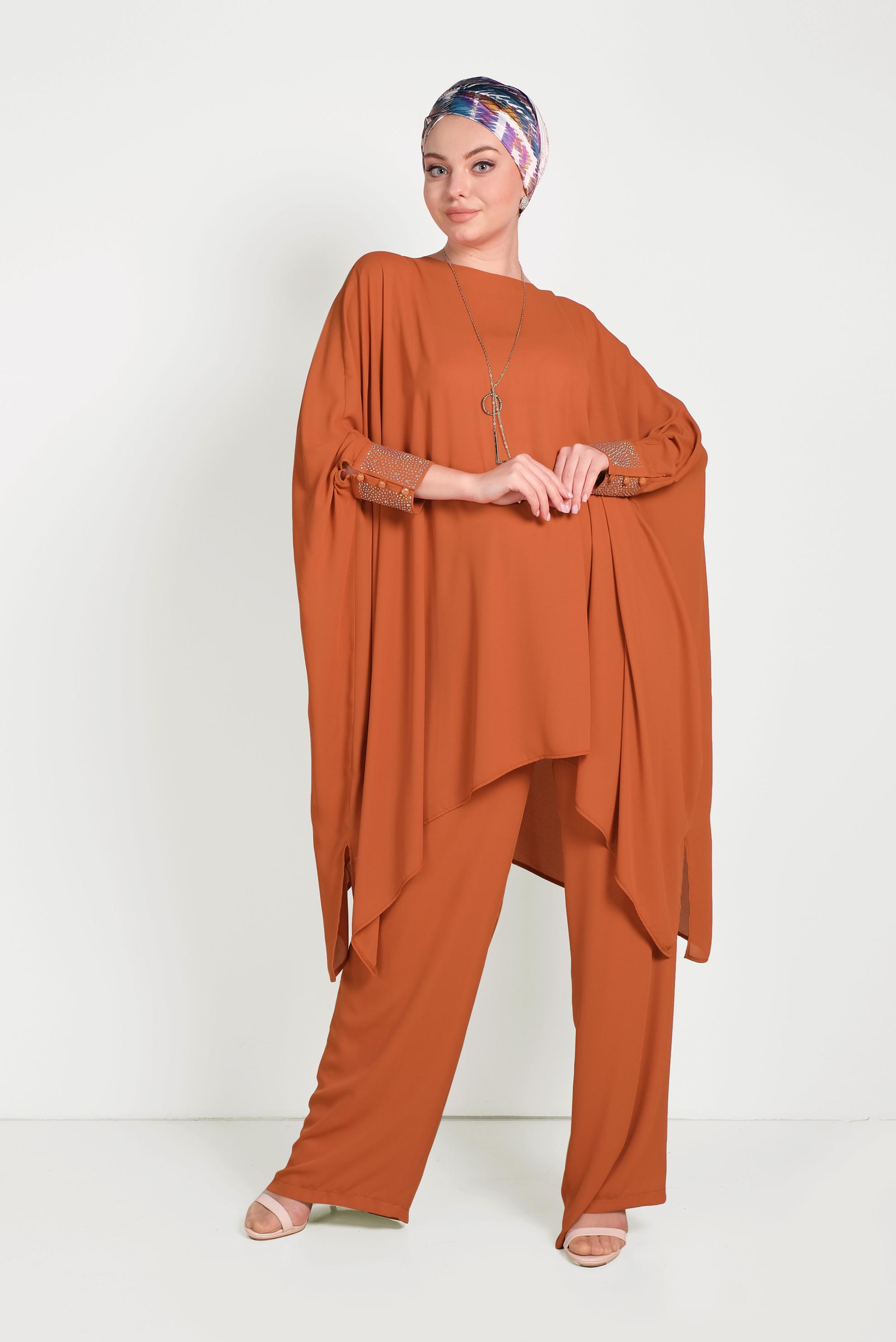 Tesettür giyim TABA MANŞETLERİ TAŞLI ASİMETRİK KESİM TAKIM 50003