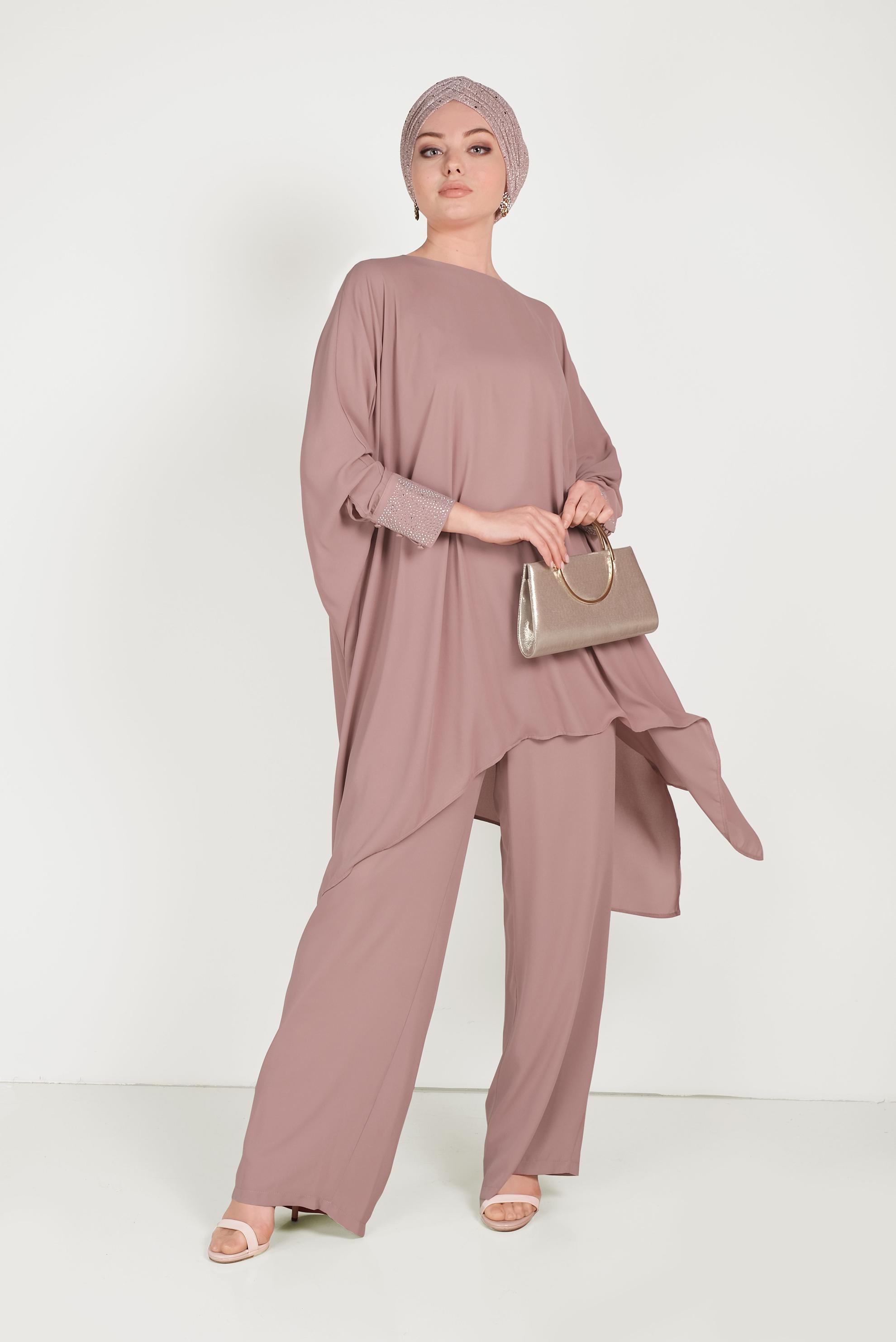 Tesettür giyim PUDRA MANŞETLERİ TAŞLI ASİMETRİK KESİM TAKIM 50003